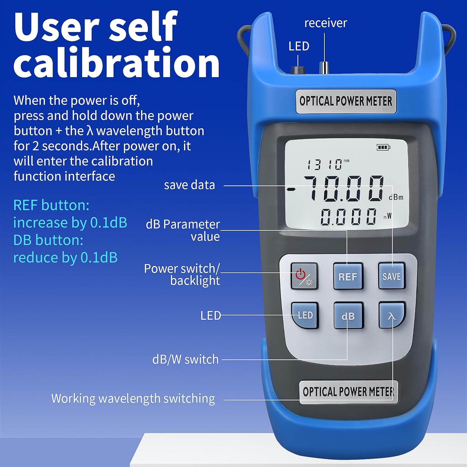 2-Piece Rechargeable high-Precision Optical Power Meter A-C710A (-70~+10dBm) Fiber Tester & Fiber Optic Test Pen 15,Suitable for SC/FC/ST/LC Interface, with 1 FC-LC Adapter