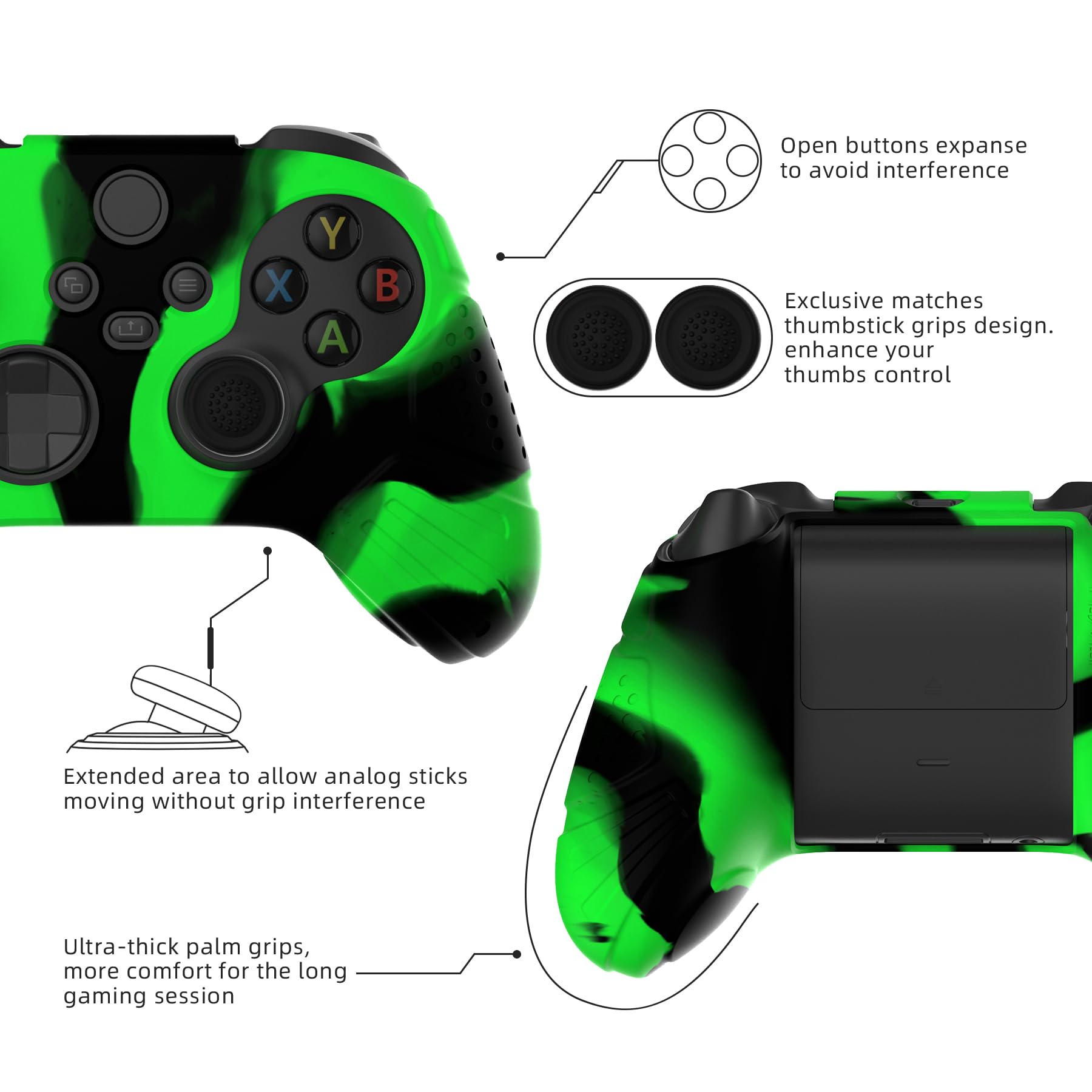 eXtremeRate PlayVital Funda de Silicona para Xbox Series X/S - Protector Antideslizante de Tacto Suave con 2 Tapas de Joystick, Material Duradero, Protección Completa - Edición Guardian (Verde Negro)