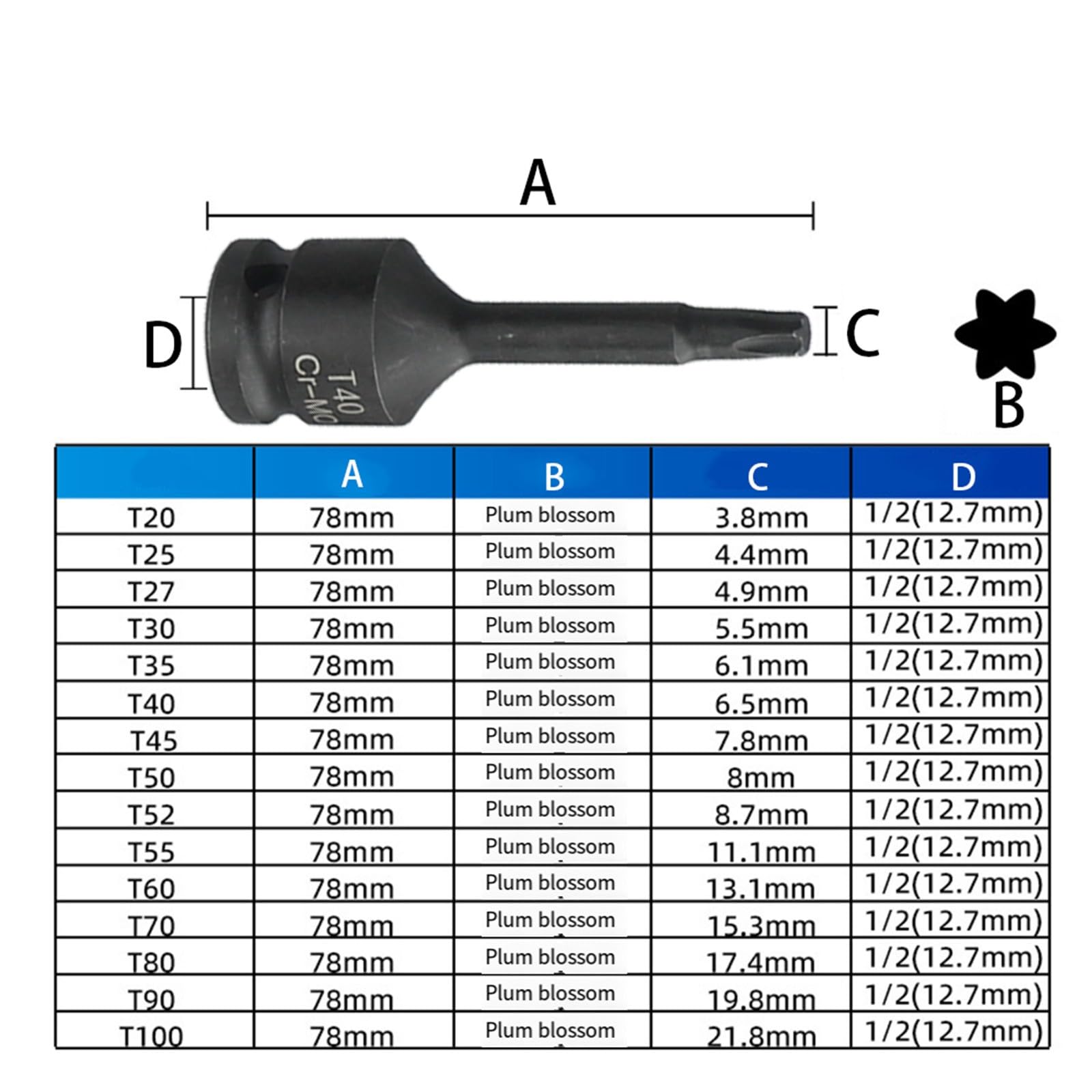 EasyByMall Set di 10 chiavi a bussola Torx T20-T80 da 1/2", in acciaio cromato, professionale, con scatola portaoggetti