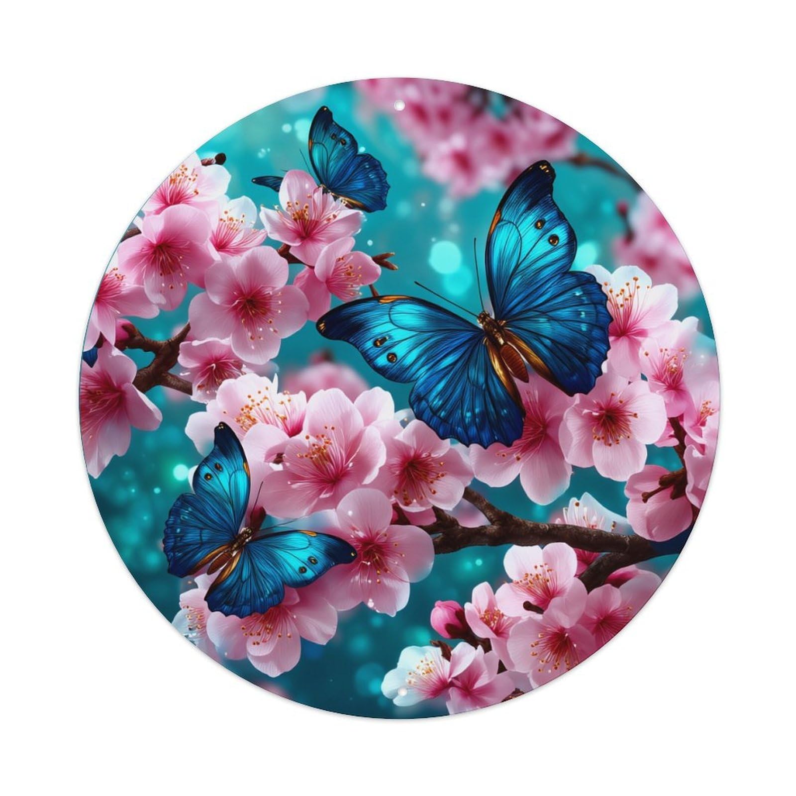 Butterfly Cherry Blossom Spring Pattern Round Tin Sign Retro Metal Sign for Cafe Bar Pub Home Game Room Gym Club Wall Decoration Vintage Metal Poster 8x8 Inch