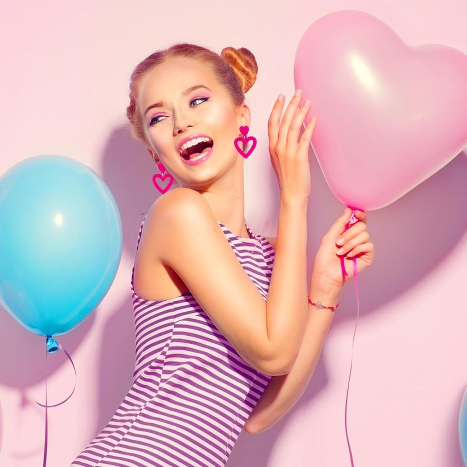 Hot Pink Heart Love Earrings for Women Clip on Dangle Drop Earrings Non Pierced 70s 80s 90s Retro Neon Jewelry - Image 4