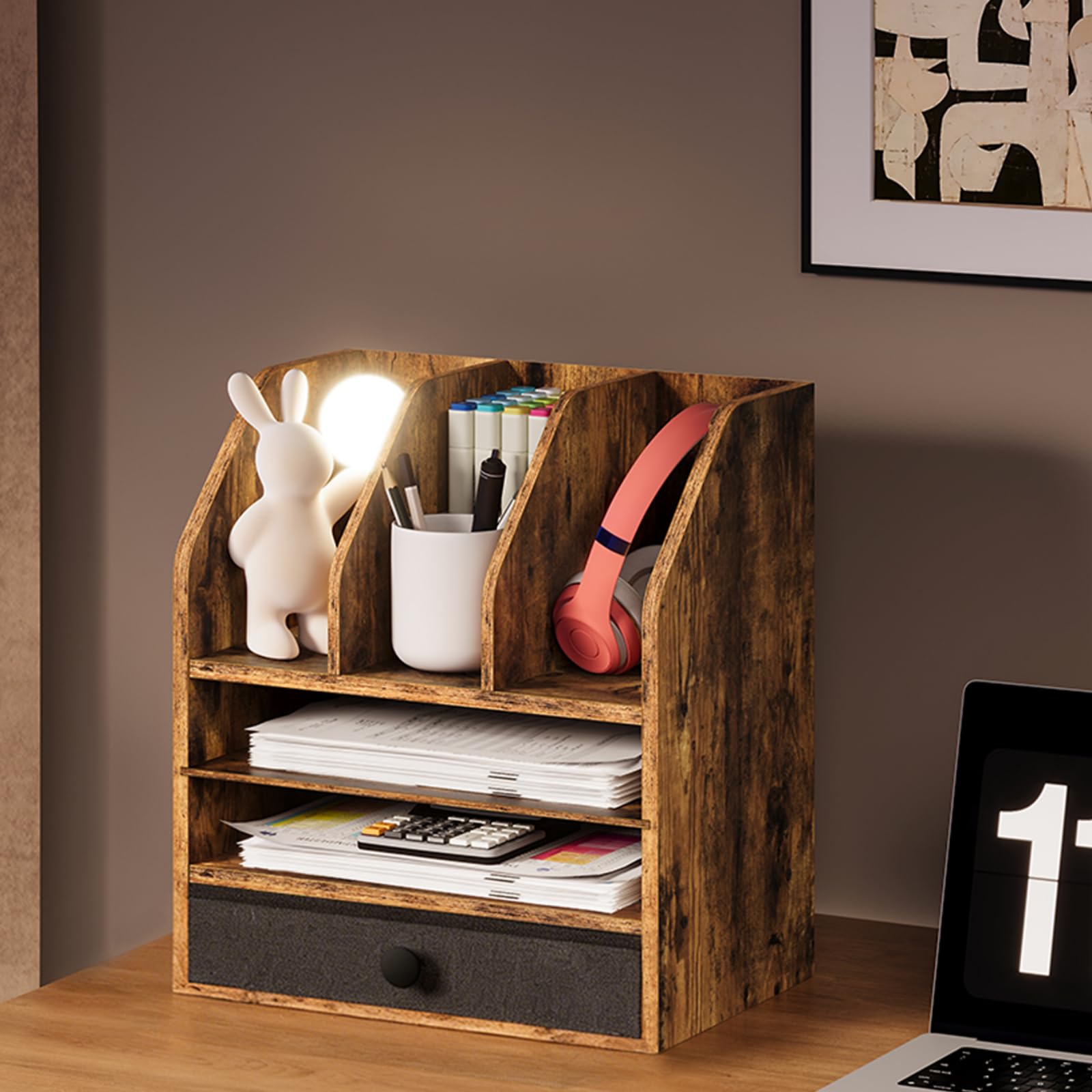 CHOEZON Wooden Desk Organizer with Removable Shelf and Fabric Drawer, Multi-Compartment Desktop File Holder for Home Office Storage, Desktop Mail