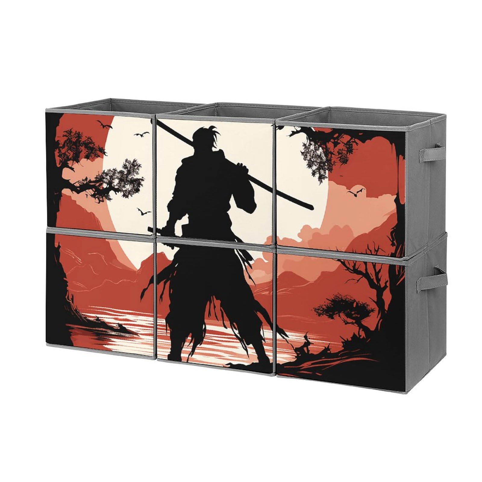 6er-Pack Aufbewahrungsboxen, 27,9 cm, Samurai-bedruckte Würfel-Aufbewahrungsbox, faltbarer Stoff-Aufbewahrungskorb mit Griffen für die Organisation zu Hause, geeignet für Kleiderschrank