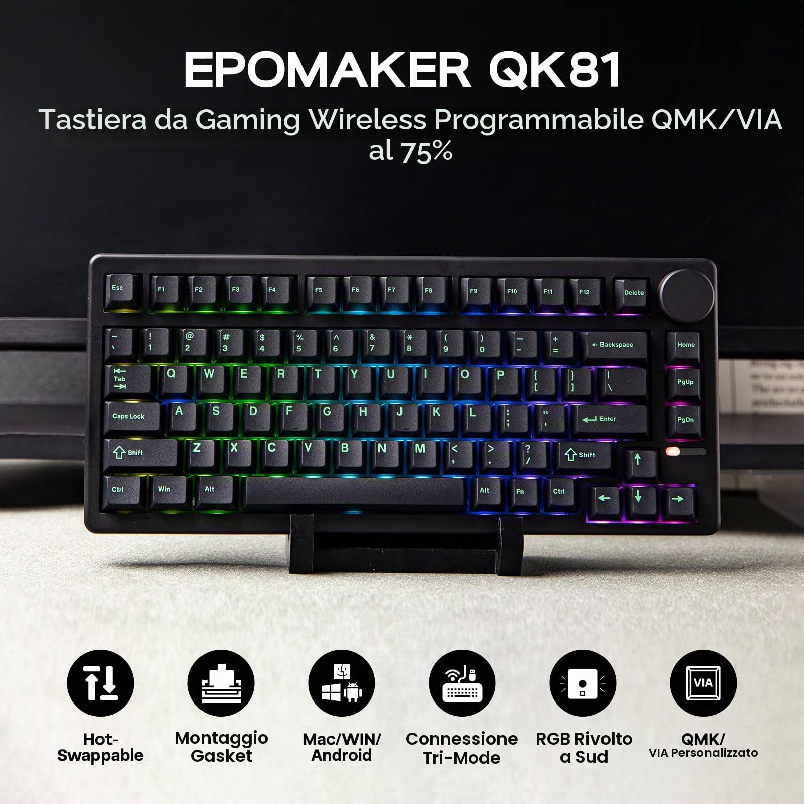 EPOMAKER QK81 75% Tastiera da Gioco Meccanica Senza Fili, QMK/VIA Programmabile, Hot-Swap, 81 Tasti con Manopola in Metallo, 2,4Ghz/BT/USB, Creamy Gasket-Mount, RGB Backlight (Nero, Wisteria Linear)