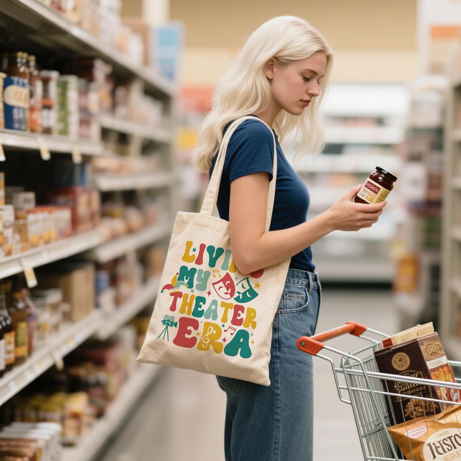 Aesthetic Canvas Tote Bag for Women - with Magnetic Snap Closure & Zipper Inner Pocket Reusable Bag for Shopping - Image 3