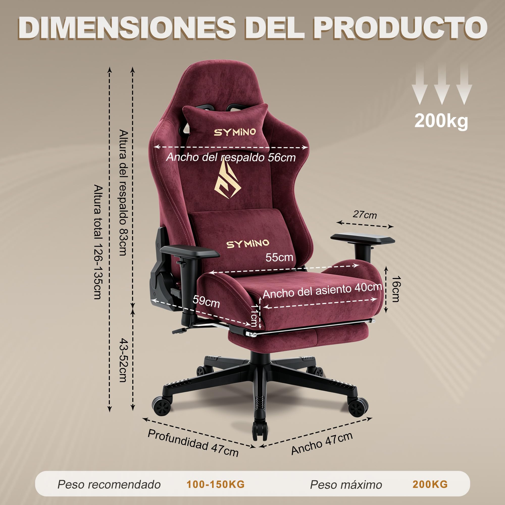 Symino Silla Gaming Ergonómica con Reposapiés, 150° Reclinable: Soporte Lumbar y Reposacabezas Regulable, Ajustable en Altura, Soporta hasta 200kg (Red)