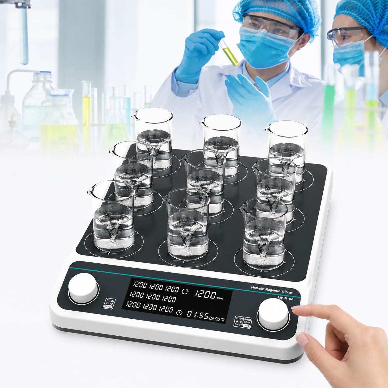 Mieszadło Magnetyczne Laboratoryjne – Wielostanowiskowe (Synchronizacja I Sterowanie Asynchroniczne), Cyfrowe, Wielostanowiskowe Mieszadło Magnetyczne, Prędkość 50–1500 Obr./Min Z Mieszadłem MMS9Pro