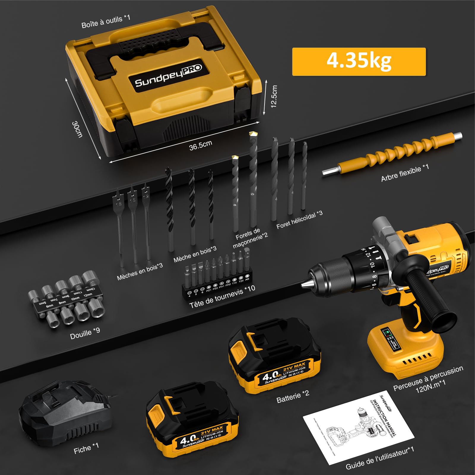 Perceuse Percussion Sans Fil 120Nm - 21V Brushless Perceuse Visseuse Sans Fil, 2 Batteries 4.0Ah, 20+3 Réglages de Couple pour Visseuse-Devisseuse, Mandrin 13mm, 2 Vitesses, 35 Accessoires
