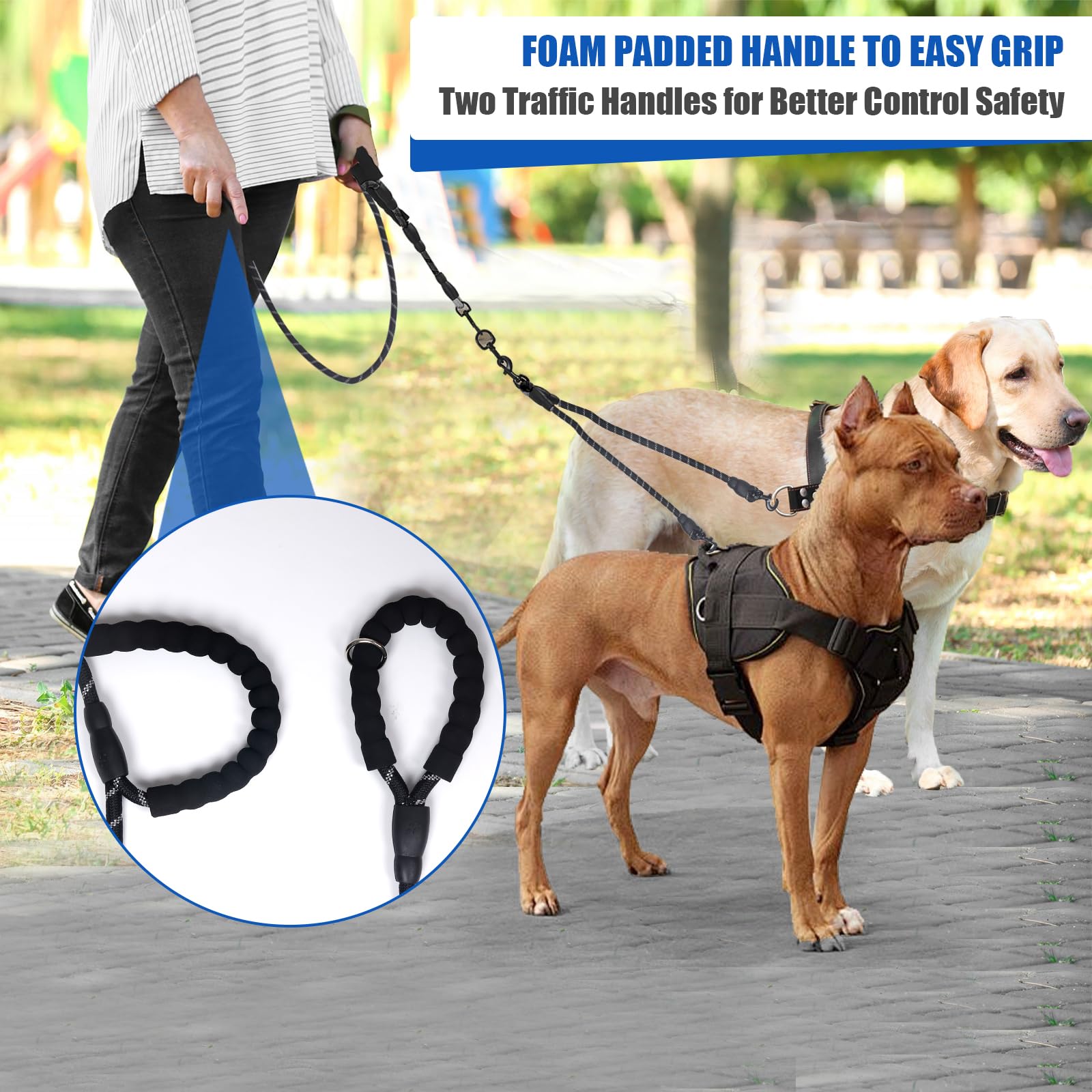 Three Dog Leash for Small and Medium Dogs - Exceptional 360 Anti-Tangle & No Pull With 3 Handles - Reflective for Safety & Convenience (Black, 3 Way)