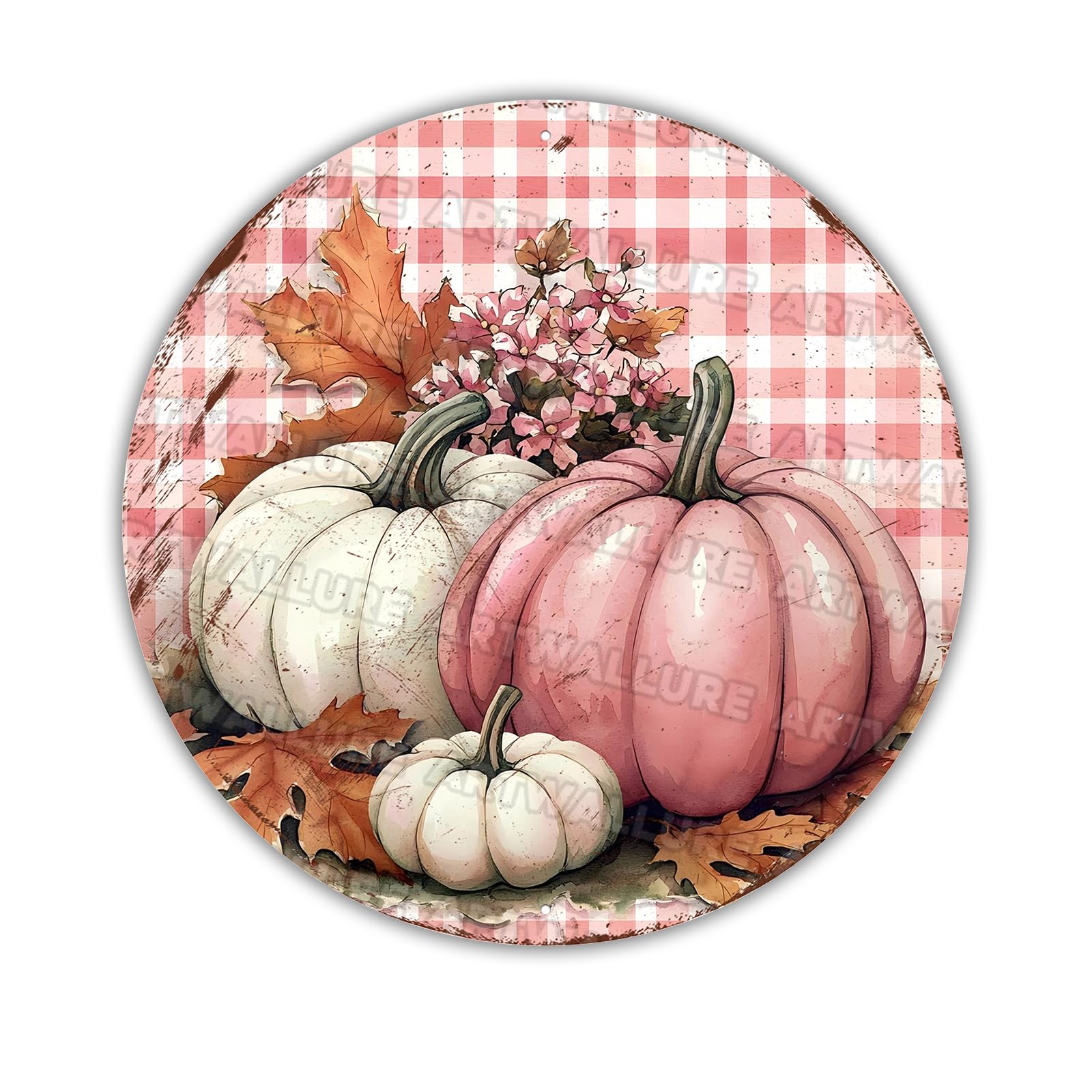 Round Pink Pumpkins Fall Wreath Sign Thanksgiving Pumpkin Metal Tin Sign for Home Livingroom Coffee Bar Farmhouse Idyllic Wall Art Decor Gift 8x8inch
