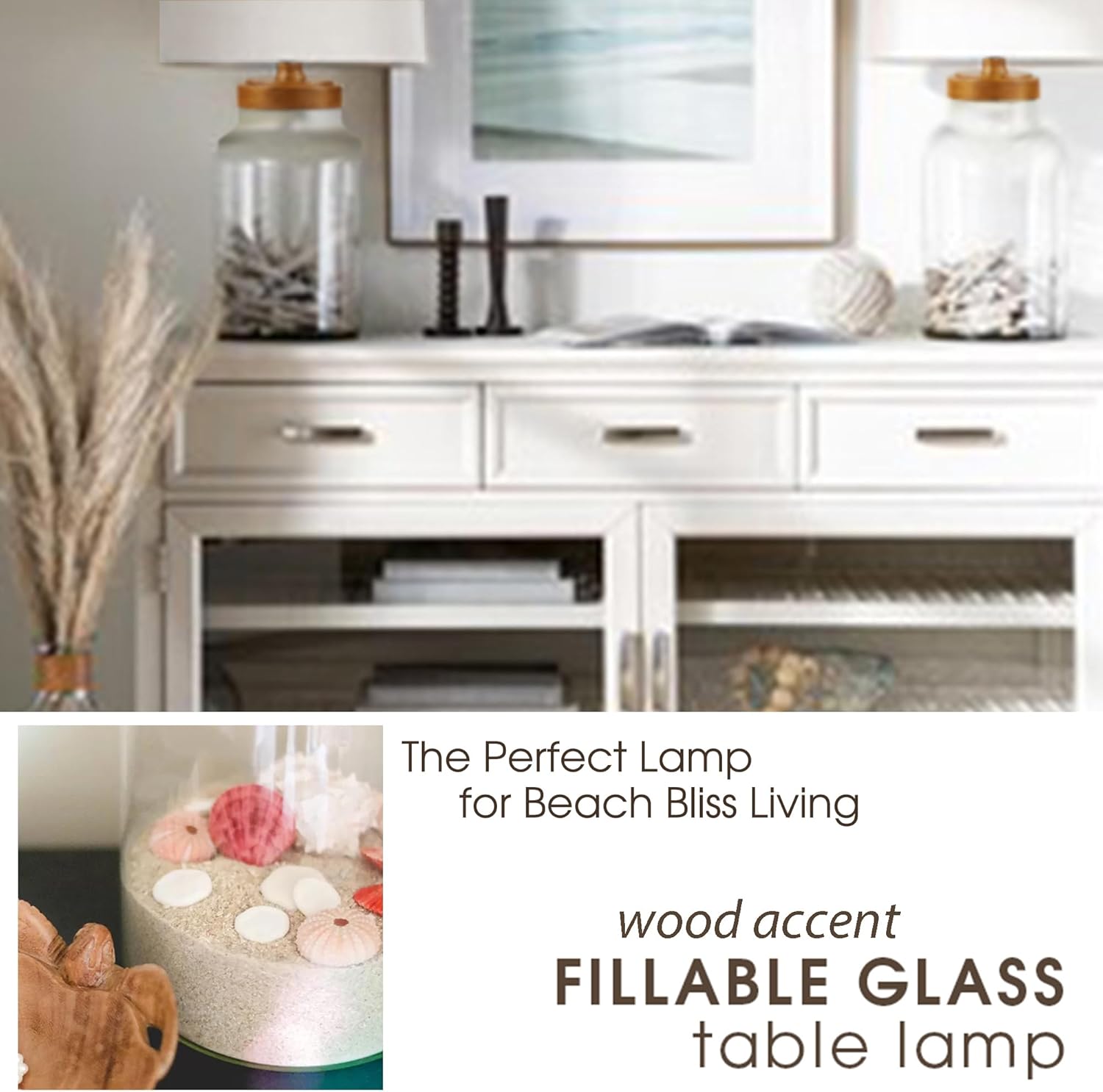 20" H Clear Glass Fillable Table Lamp with White Shade and Faux Wood Base (Bulb Not Included)