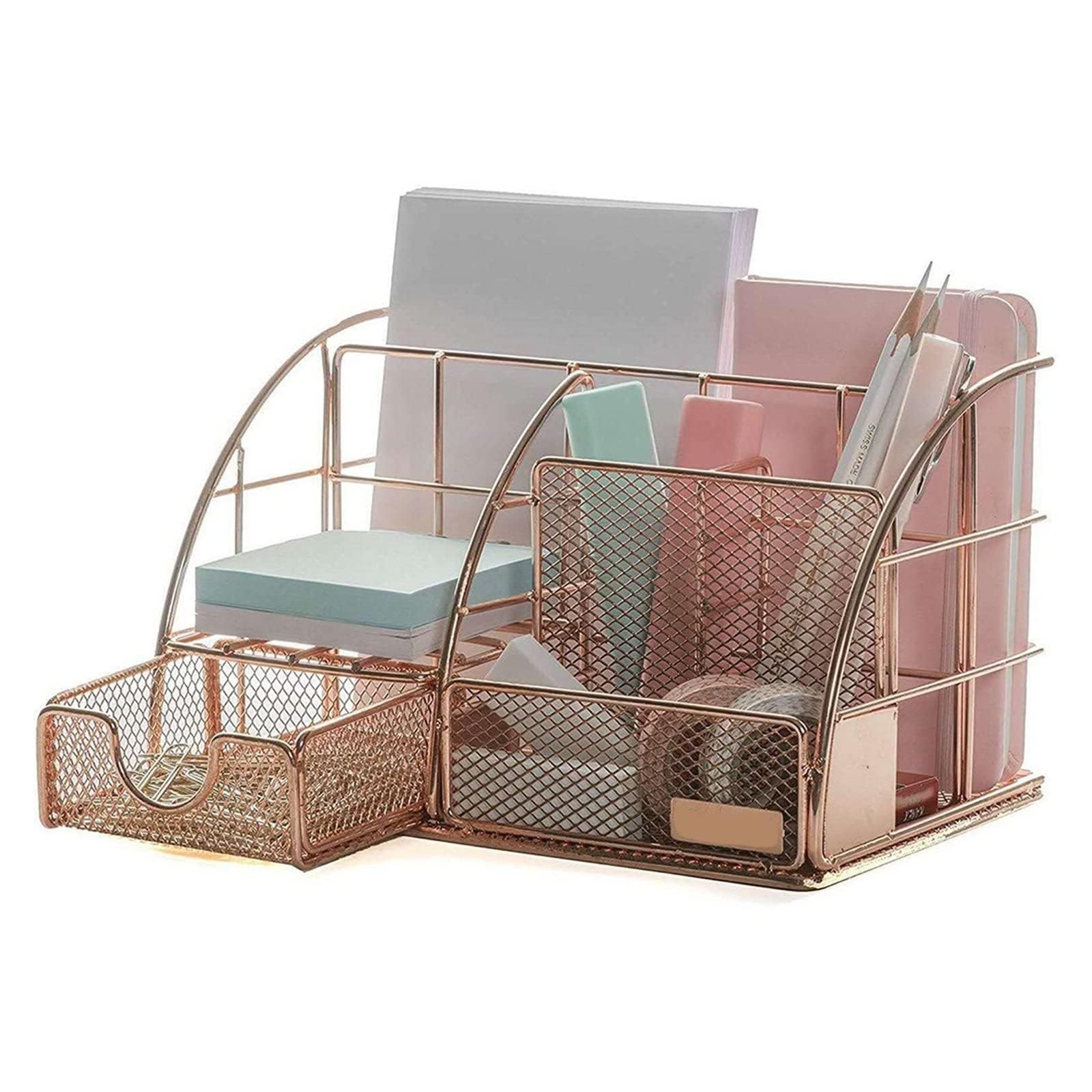 Portapenne da Scrivania con Cassetto, Elegante Organizer in Rete Metallica per Ufficio Domestico, Trucco - Accessori per Ufficio Portapenne,Black