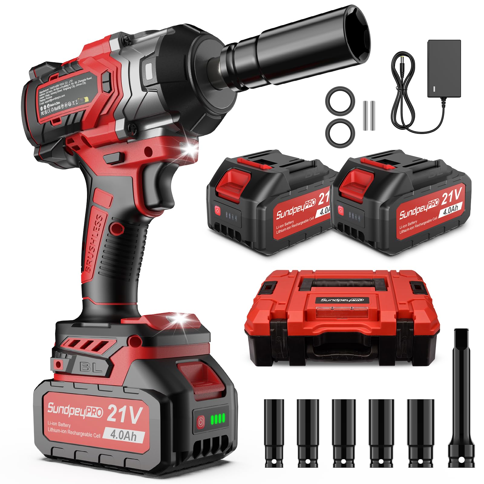 Cordless Impact Wrench 800N·m(600Ft-lbs) - 21V 1/2 Inch Brushless Electric Impact Driver with 2 * 4.0Ah Batteries - 2800RPM High Torque Cordless Impact Gun for Lug Nuts with Sockets & Case