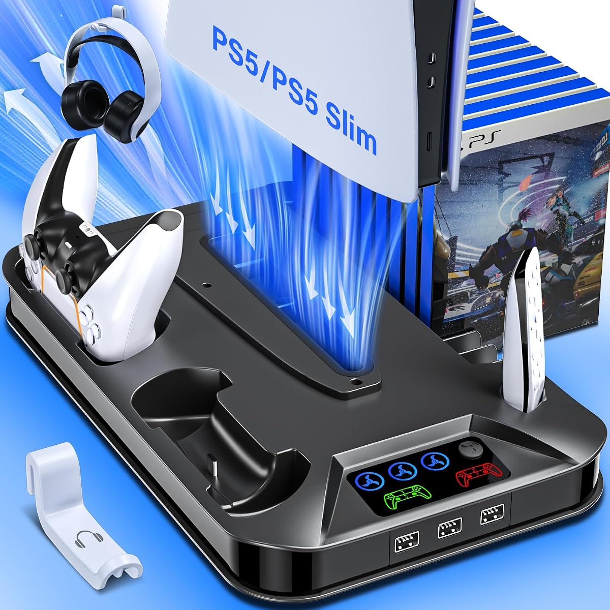 Consola de estación de refrigeración para Playstation PS5/Slim/Pro, soporte con estación de carga de controlador para consola Playstation Playstation 5 Slim y disco estándar/consola digital, accesorios de refrigeración para PS5, incluye ventilador de refrigeración/3 concentradores USB