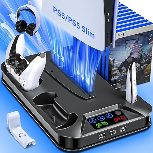 Cooling Station for PS5/Slim/Pro, Stand with Controller Charging Station for Sony PSP Console Playstation 5 Slim&Standard Disc/Digital Console, Cooler Accessories for PS5 Incl Cooling Fan/3 USB Hubs
