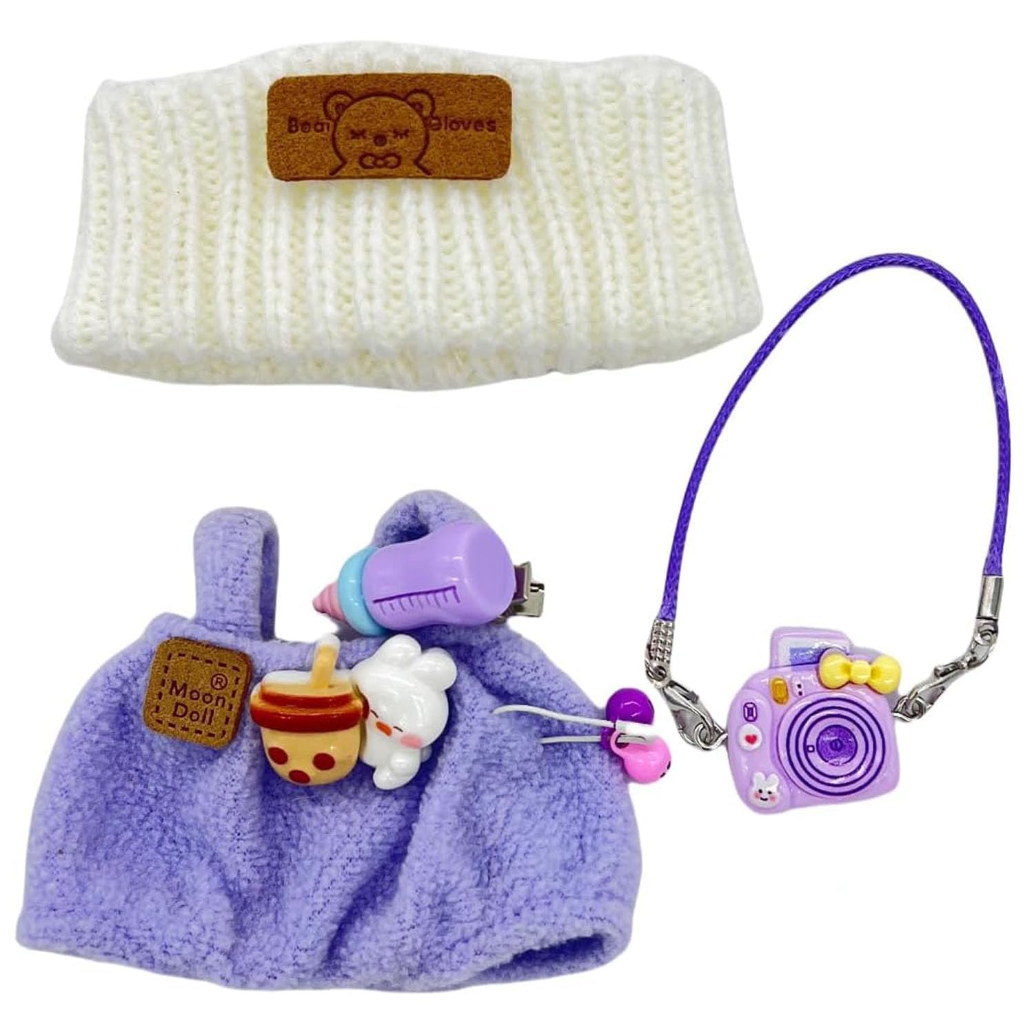 1 Set Adorable 17cm Plush Doll Outfit Set - Fashionable White Hat, Charming Lavender Dungarees & Playful Purple Camera Props, Complete Doll Costume Ensemble (Doll Not Included)