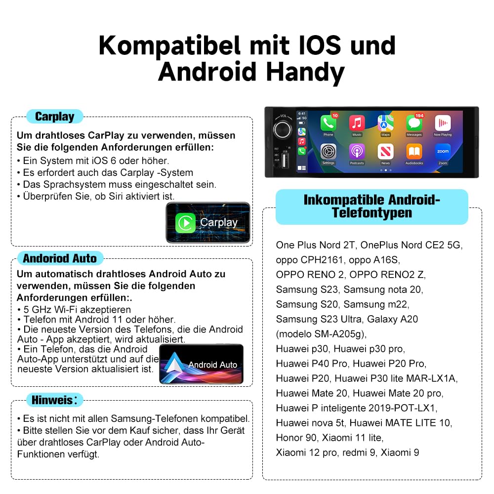 Junsun 1-DIN Autoradio mit 6,36 Zoll IPS-Touchscreen CarPlay & Android Auto, Lenkradsteuerung, Rückfahrkamera-Anschluss, USB, externes Mikrofon & RDS