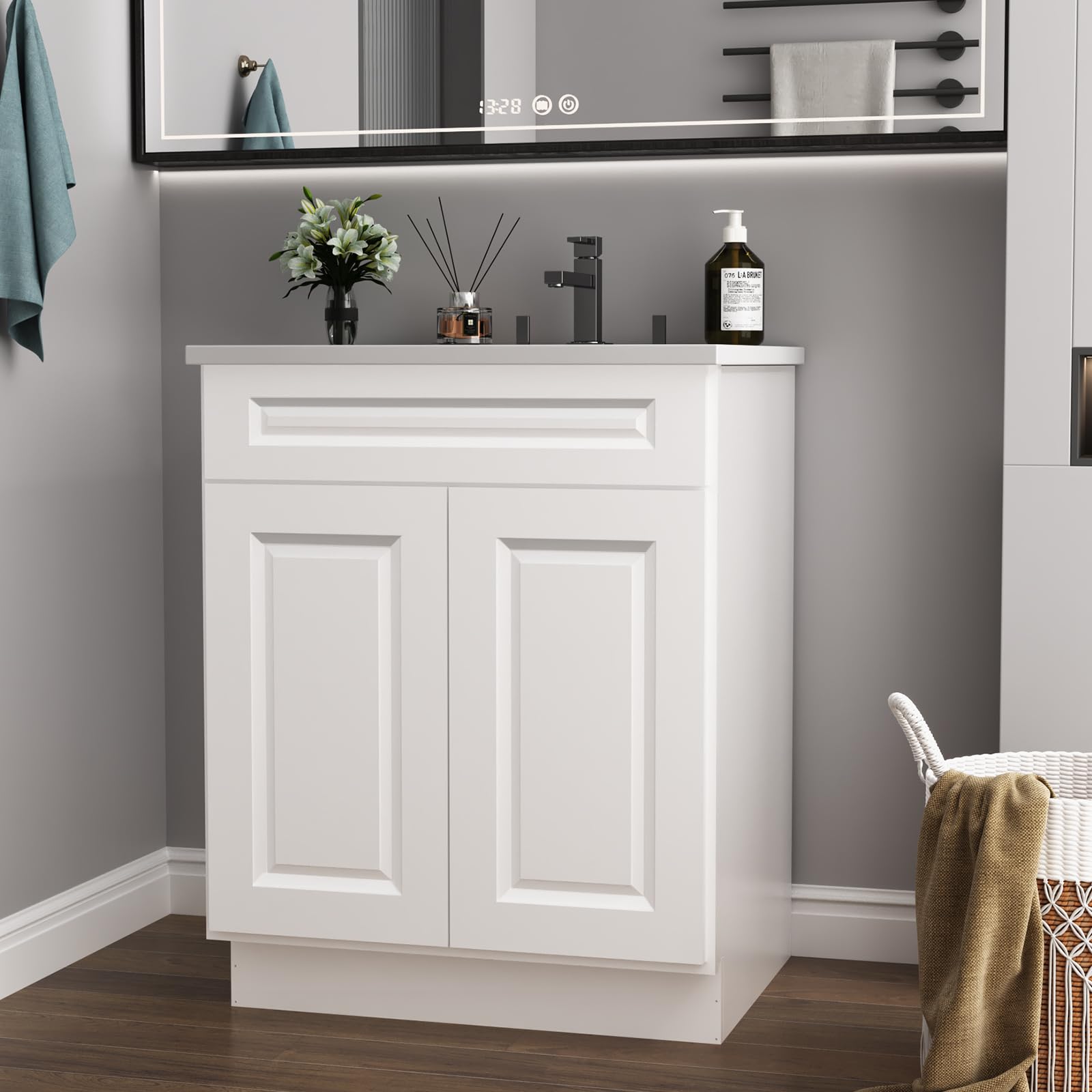 24'' Bathroom Vanity Cabinet, Morden Bathroom Storage Cabinet with 1 False Drawer and 2 Soft-Close Doors, Large Capacity Single Sink for Bathroom, Laundry & Kitchen, Traditional White