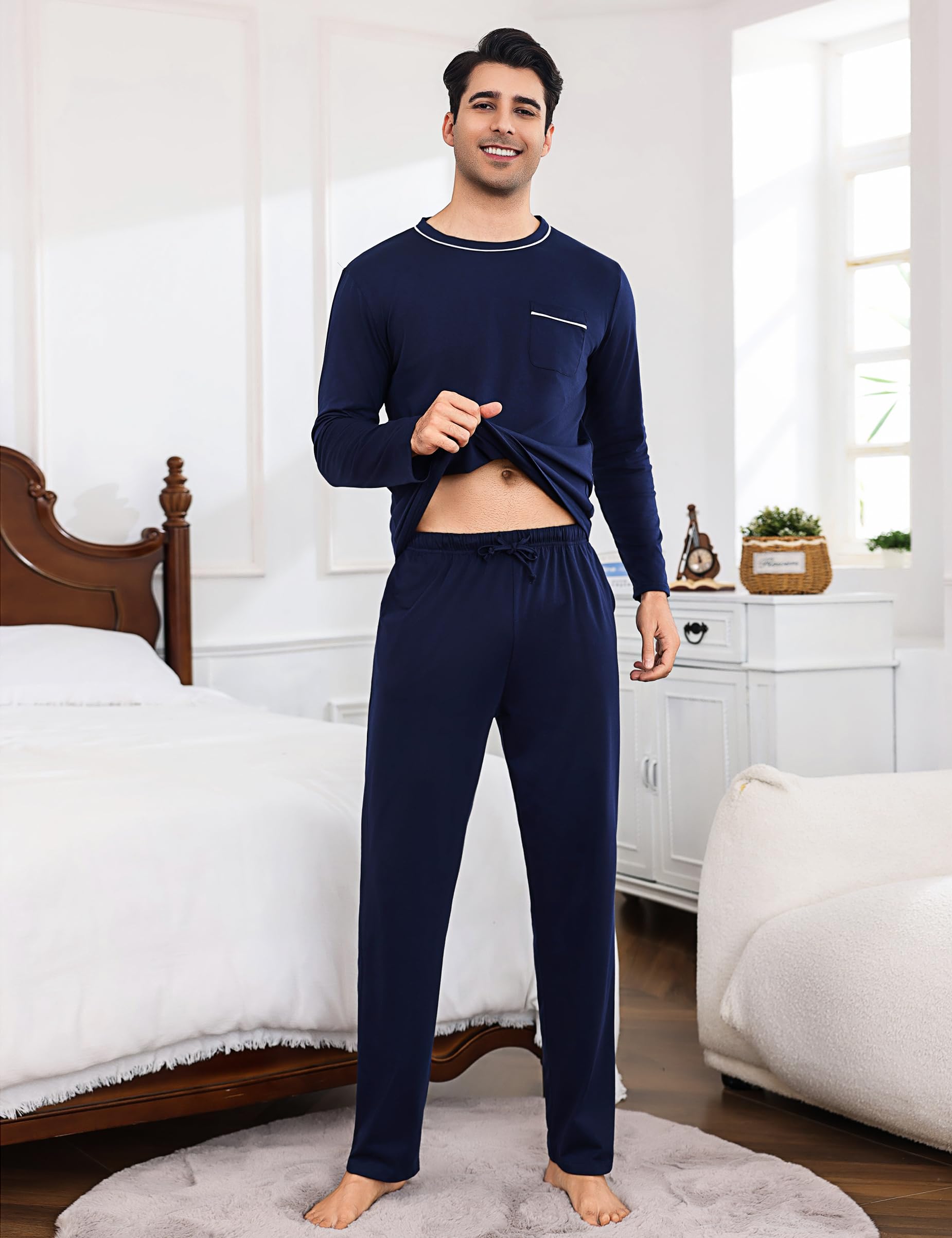 Litherday Pigiama Uomo Invernale Cotone Lungo Pigiami Due Pezzi da Uomo Manica Lunghe e Pantaloni con Tasche Morbido Loungewear