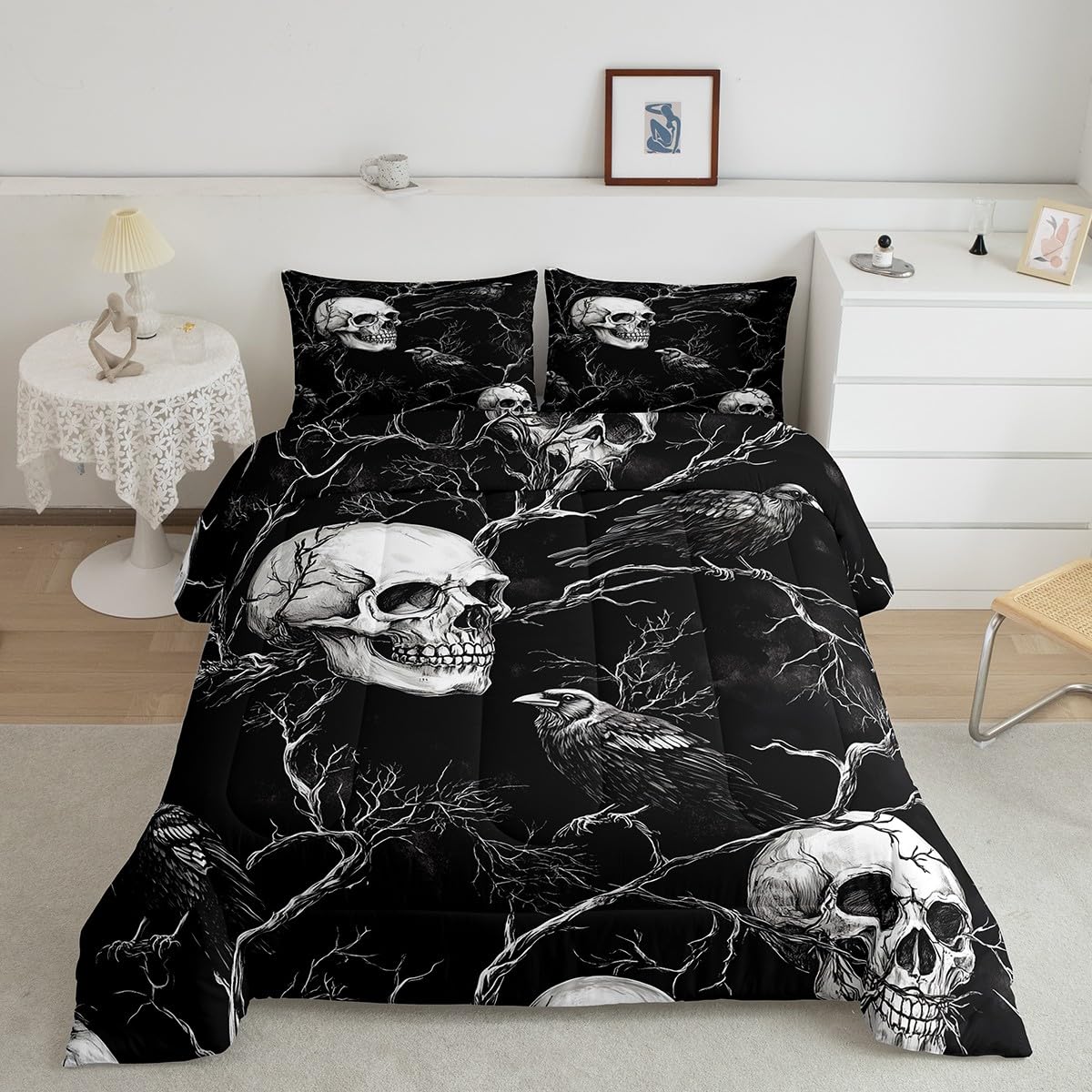 Parure de lit crâne gothique corbeau couette réversible oiseaux exotiques