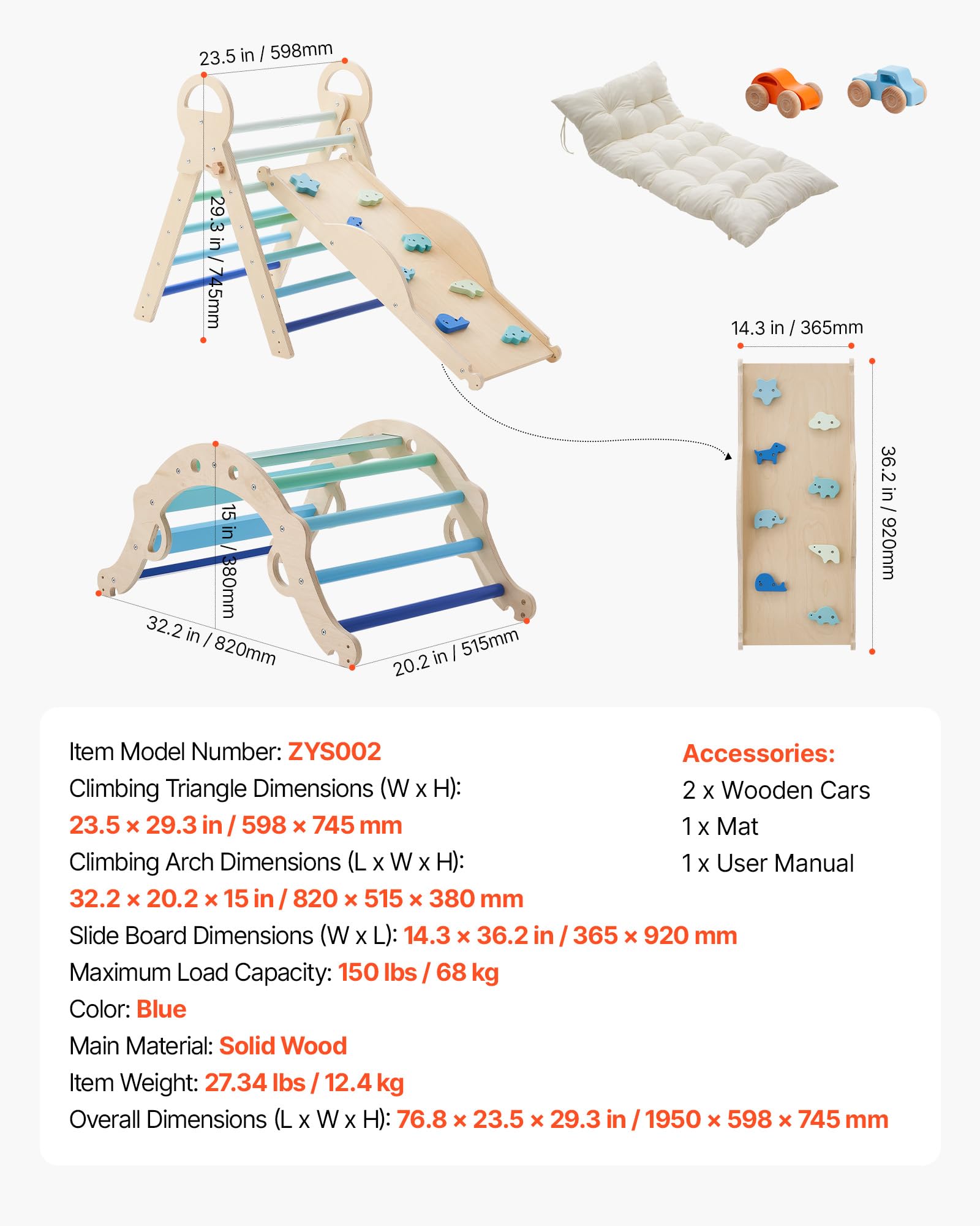 VEVOR Kletterdreieck 9-in-1 Kletterspielzeug mit Holzautos, Kissen, Rutsche & Kletterbogen, bis 68 kg, Montessori Indoor Spielset für Kinder 1-3 Jahre, Blau