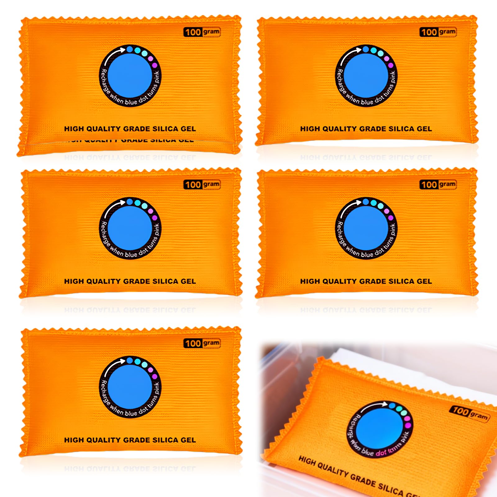 BAIFULAI 5 x 100g Wiederverwendbare Trockenmittelbeutel Kieselgel, Feuchtigkeitsabsorber Kieselgel, Luftentfeuchter Auto, farbige Trockenmittelpakete für Koffer, Safe, 3D-Filamente, Nebel im Auto