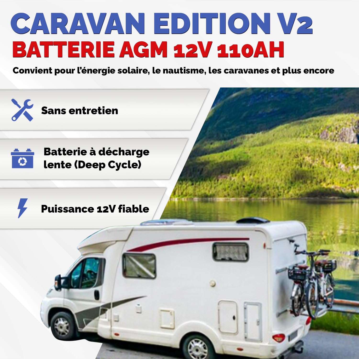 Batterie de service Electronicx AGM Caravan Edition 12V 110Ah – 110 ah Batterie à décharge lente pour camping-car, caravane, solaire– sans entretien, étanche, anti-fuite 315×175×190 mm