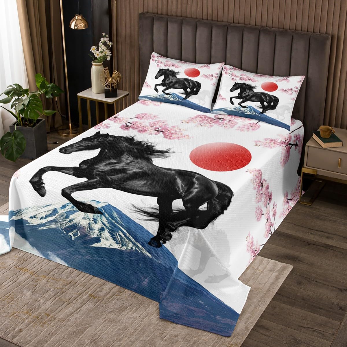 Erosebridal Japanese Style Queen Quilt Set Pink Cherry Blossoms Coverlet Set for Girls, Black Galloping Horse Bedding Set Ukiyoe Mount Fuji Bedspread Set, Exotic Oriental Bed Quilt for All Seasons