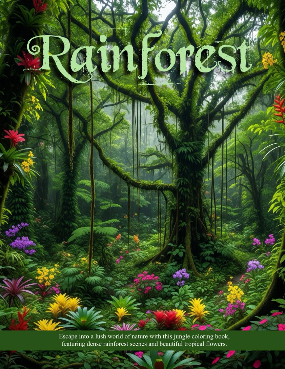 Rainforest: Escape into a lush world of nature with this 50-page single-sided jungle coloring book, featuring dense rainforest scenes and beautiful tropical flowers.