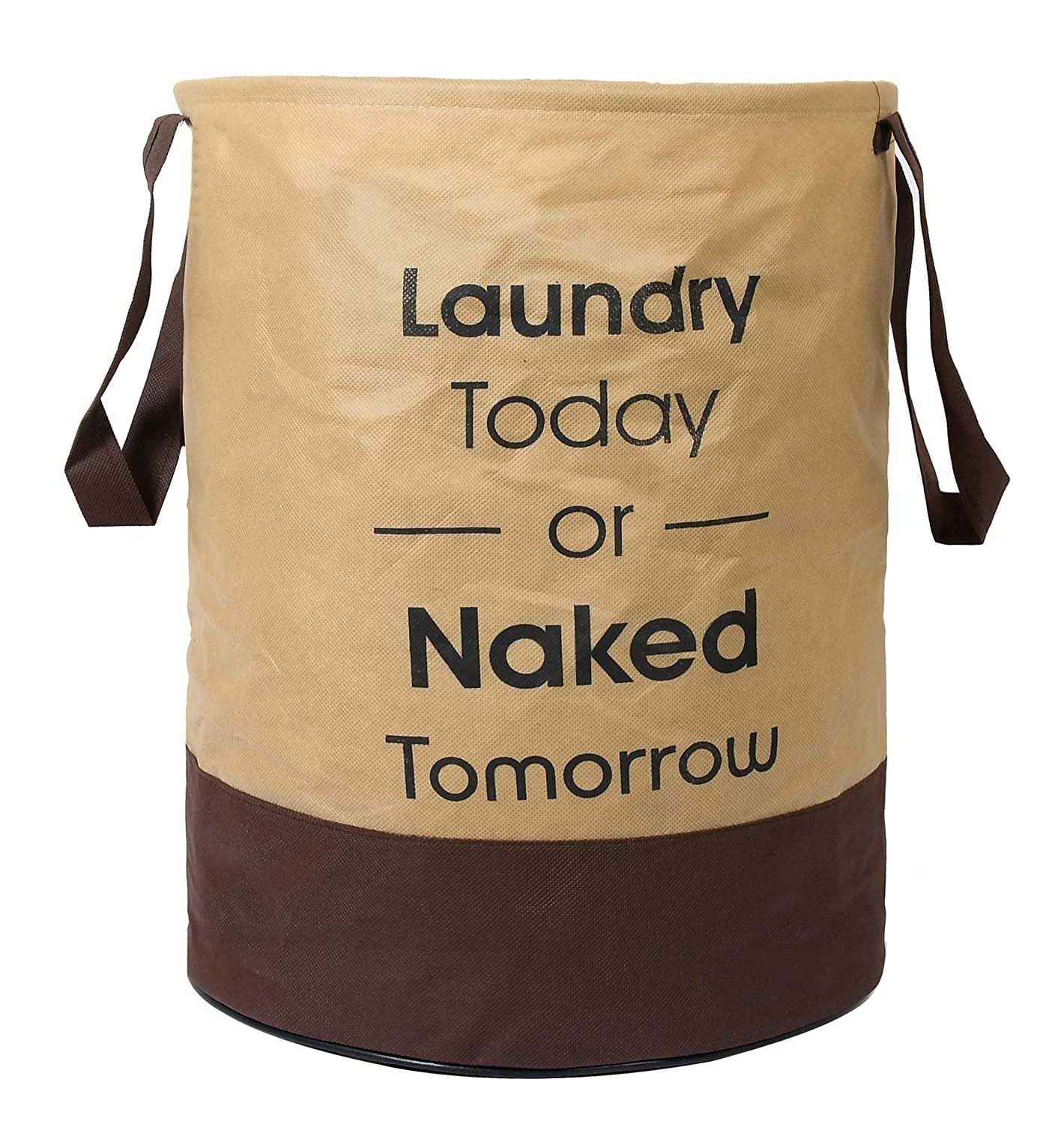 45L Large Laundry Hamper with Handles | Collapsible Clothes Basket | Funny Text Print Laundry Bag | Lightweight & Durable Fabric Storage for Clothes, Home, Bedroom & Dorm (Beige+Brown)-image-3