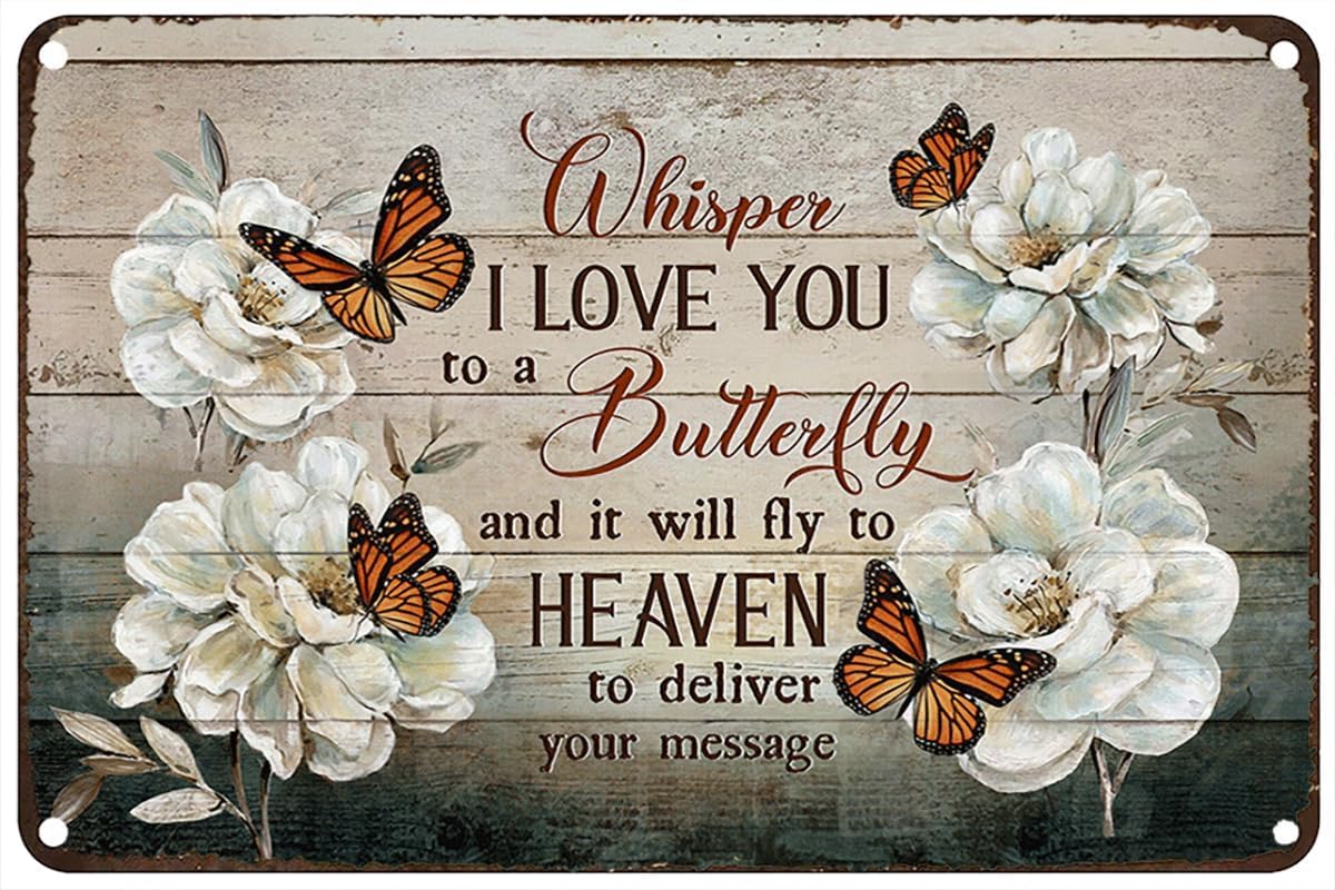 Anceky Vintage Metal Tin Sign Pretty Camellia Monarch Butterfly Whisper I Love You To A Butterfly Heaven Rustic Wall Decor For Home Bedroom Bar Cafe Club 8x12 inch