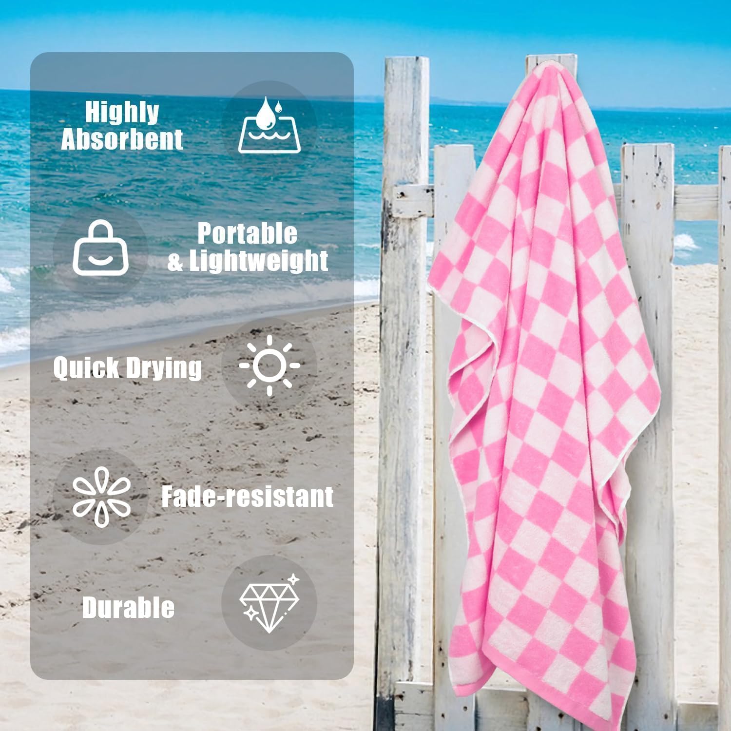 Jacquotha Pink Checkered Beach Towels Oversized 35" x 70" - Extra Large Lightweight Cotton Towels for Pool and Swim Days, Set of 2