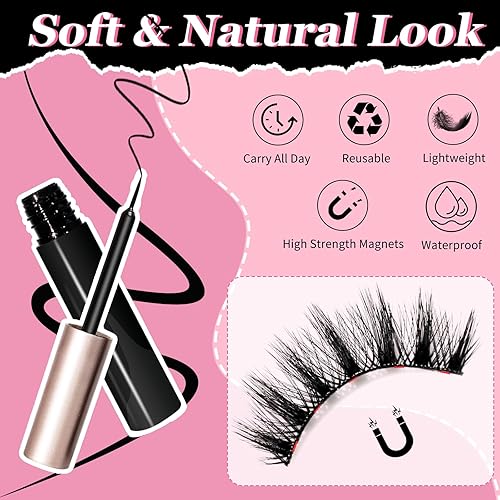 Miniatura 4 de Kit de pestañas magnéticas y delineador de ojos, pestañas magnéticas de aspecto natural 3D con 2 delineadores magnéticos y pinzas, 10 pares de