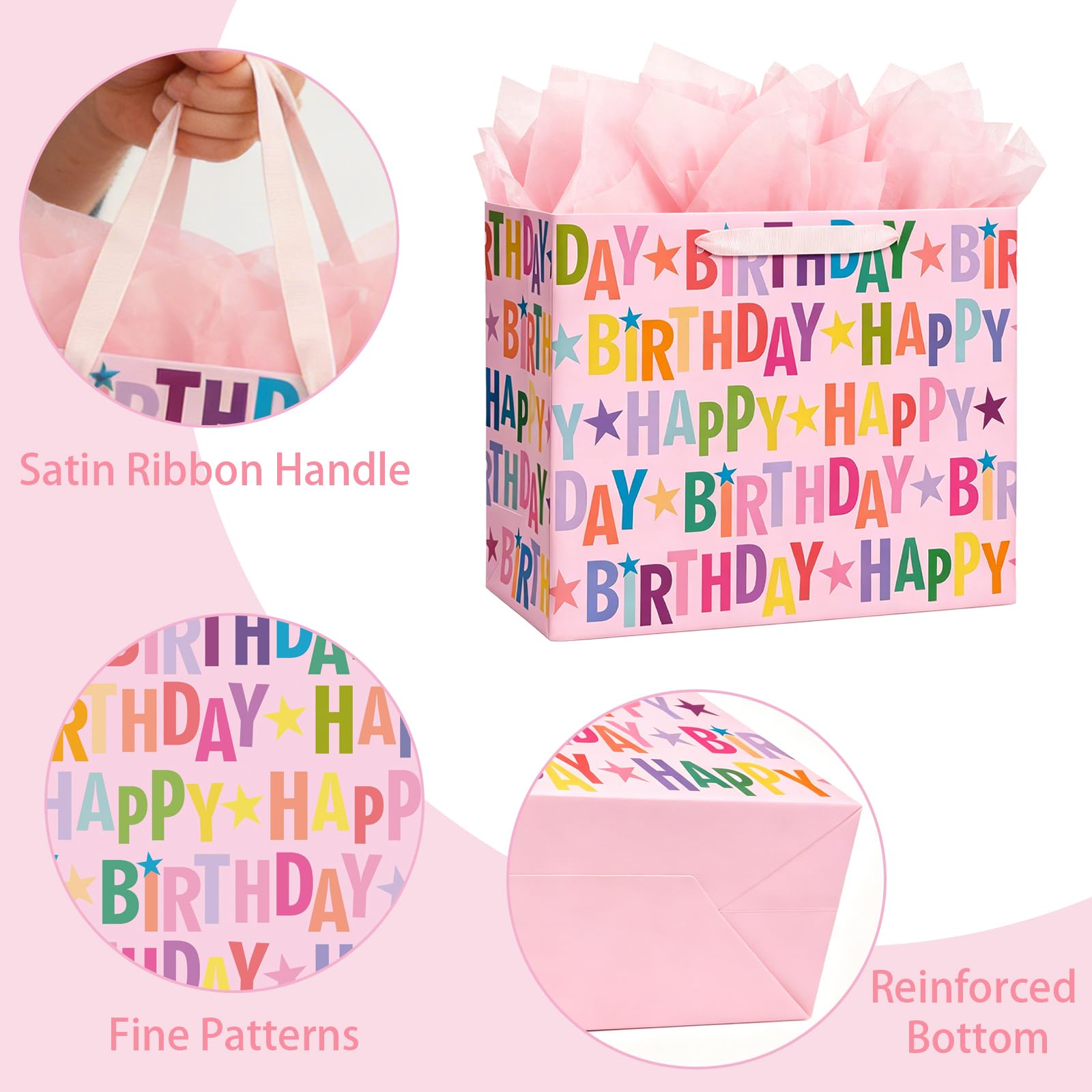 Juego de bolsas de regalo de cumpleaños extragrandes de 16.5 pulgadas con tarjeta de felicitación y papel de seda, diseño de letras coloridas para celebraciones de cumpleaños de niñas, niños y adultos