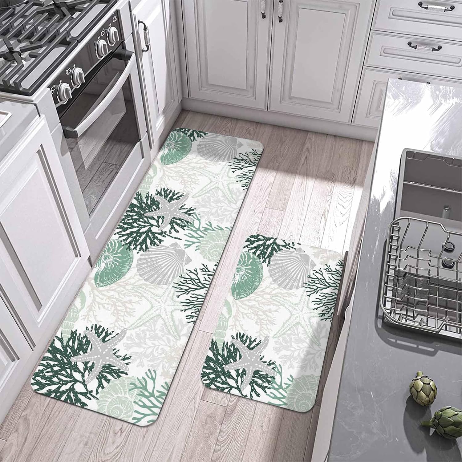 Summer Marine Life Kitchen Mats Set of 2 Graffiti Corals Shell Sea Conch Starfish Gray Non Slip Mat Washable Floor Rug for Kitchen Sink Floor Laundry, 20"x24"+20"x48"