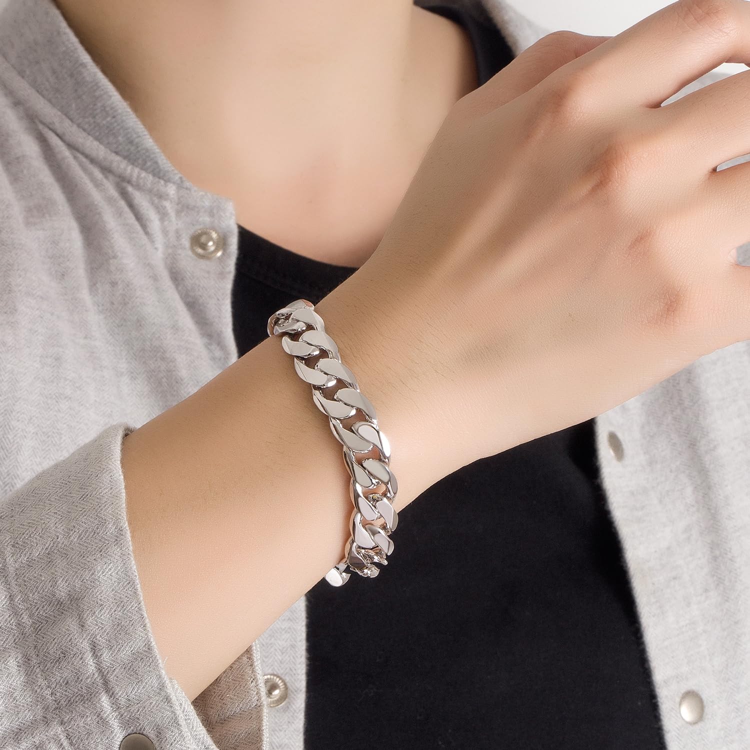 Dankadi - Pulsera cubana maciza, 10 mm, 12 mm, plata 925, para hombre, de 7 a 10 pulgadas, cadena de malla grande, con cierre de dragón, eslabón dorado, punk Hip Pop Miami
