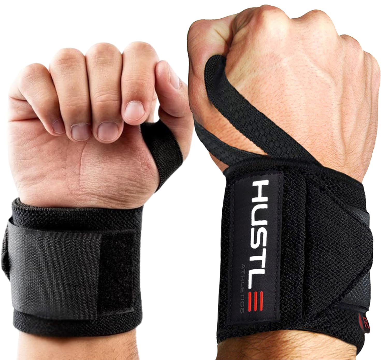 Hustle Athletics Wrist Wraps for Weightlifting, USPA-Approved Wrist Support Weight Lifting Wraps, Premium Hook-and-Loop, 12 in or 18 in Heavy-Duty Cotton-Elastic Support for Powerlifting & Bench Press