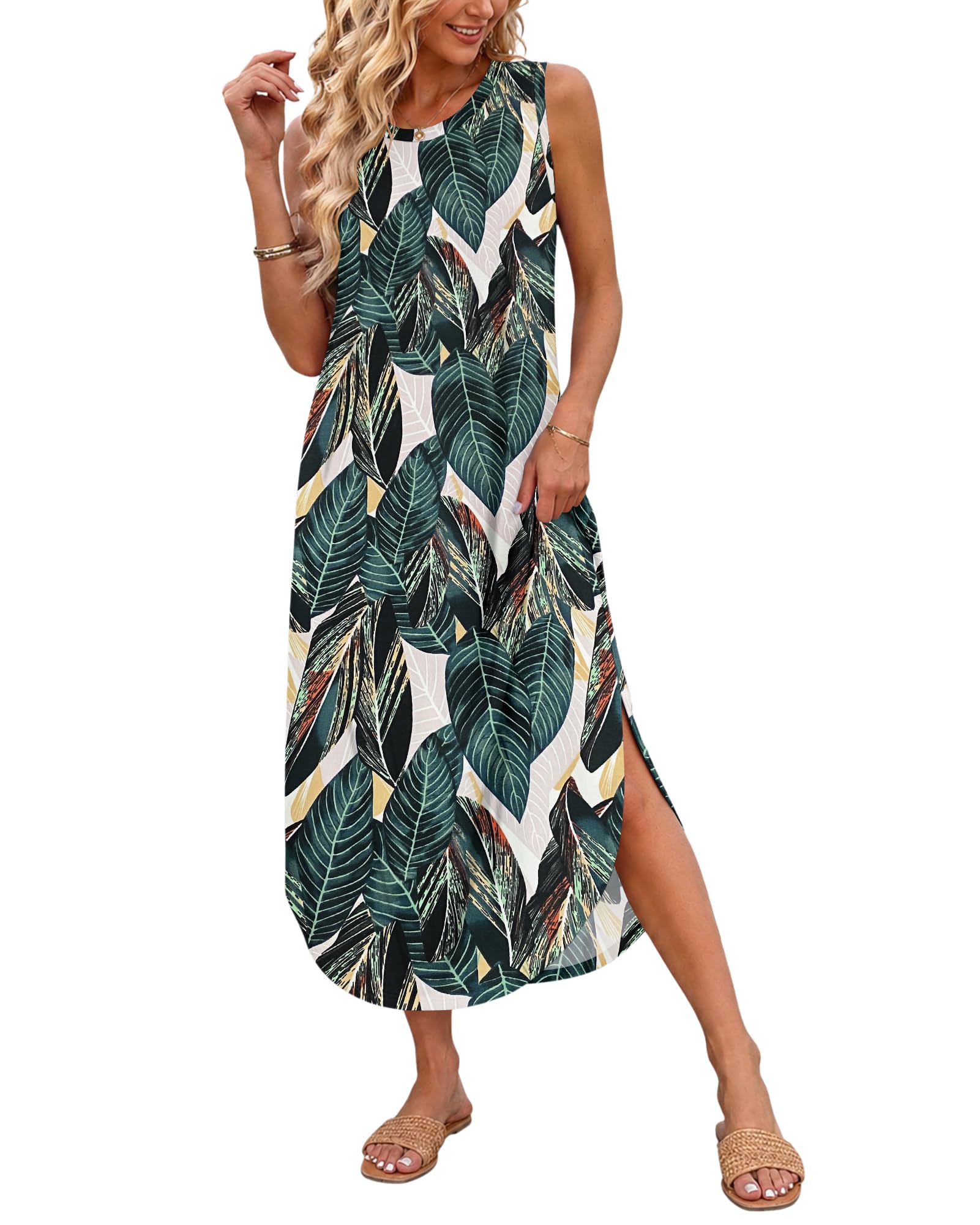 AUSELILY Maxikleider Damen Sommer Ärmellos Strandkleid Lang Sommer-Kleider Tank T-Shirt Kleid mit Taschen