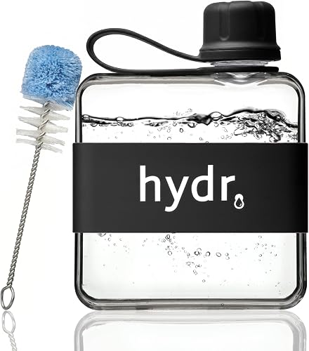 hydr™ v2 Flat Water Bottle For Handbag & Flexible Cleaning Brush | 320ml Tritan BPA Free Slim Travel Water Bottle, small water bottle for handbag (Nero Black)