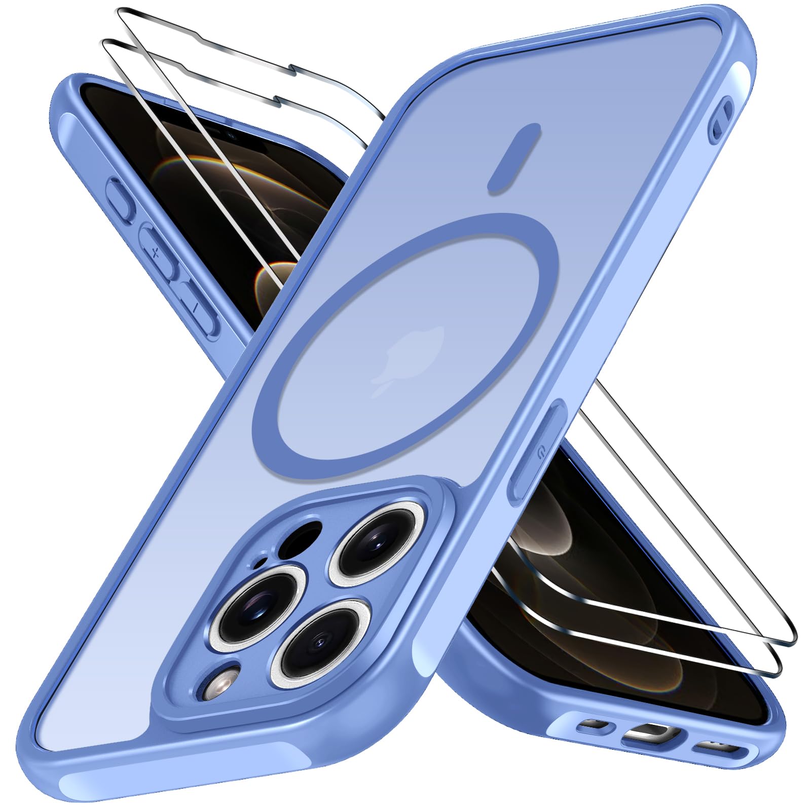 iVoler Cover Magnetica per iPhone 12 Pro Max 5G con 2 Pezzi Pellicola Vetro Temperato, [Compatibile con MagSafe] Custodia Traslucida Opaca Sottile Anti-Impronte MagSafe Case, Azzurro