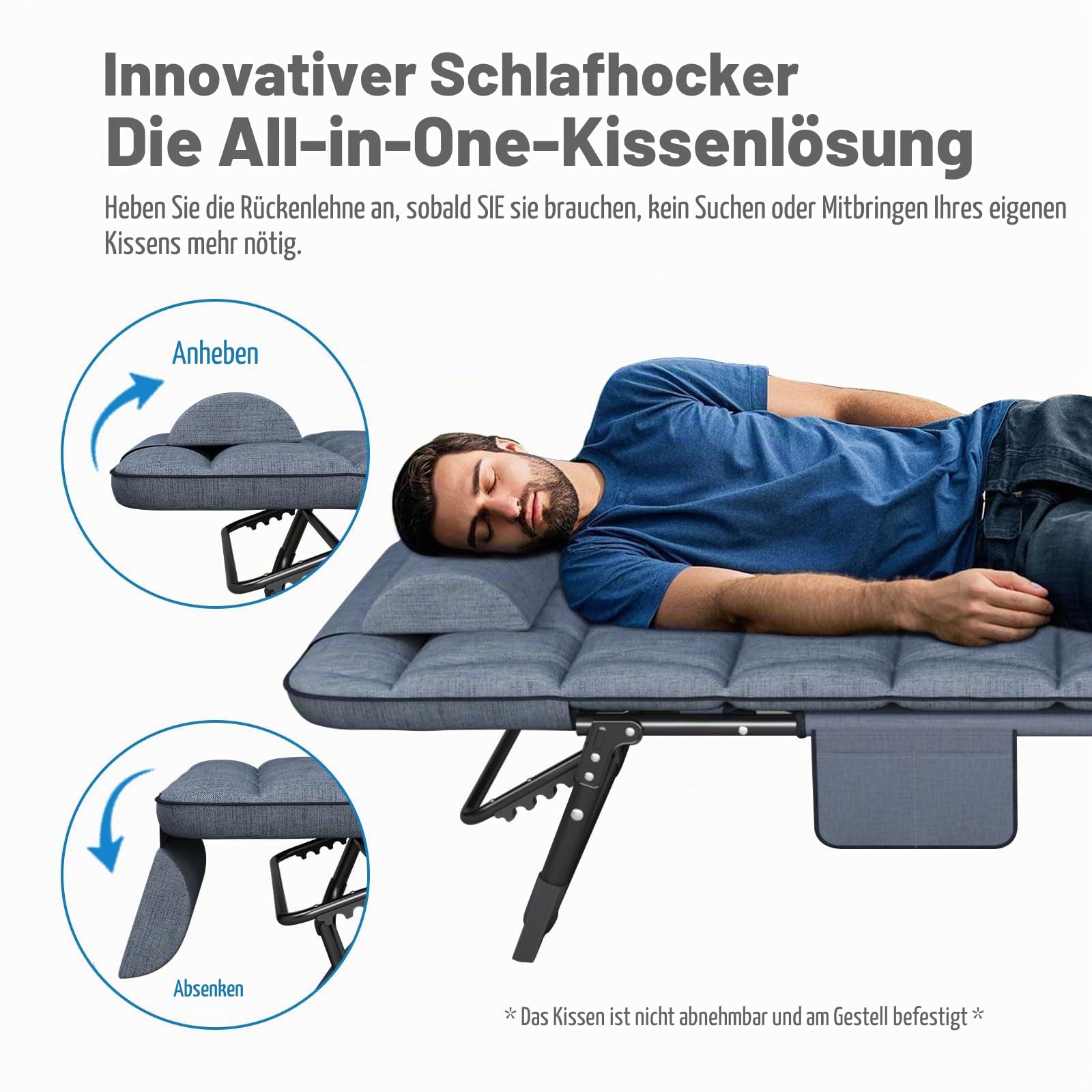 ATORPOK SHOP Sonnenliege mit verstellbarer Rückenlehne, 4-fach verstellbar, Mehrzweck-Campingbett, tragbar und Liegestuhl, für Garten/Pool/Terrasse, gepolsterte Matratze und Kissen – Blau