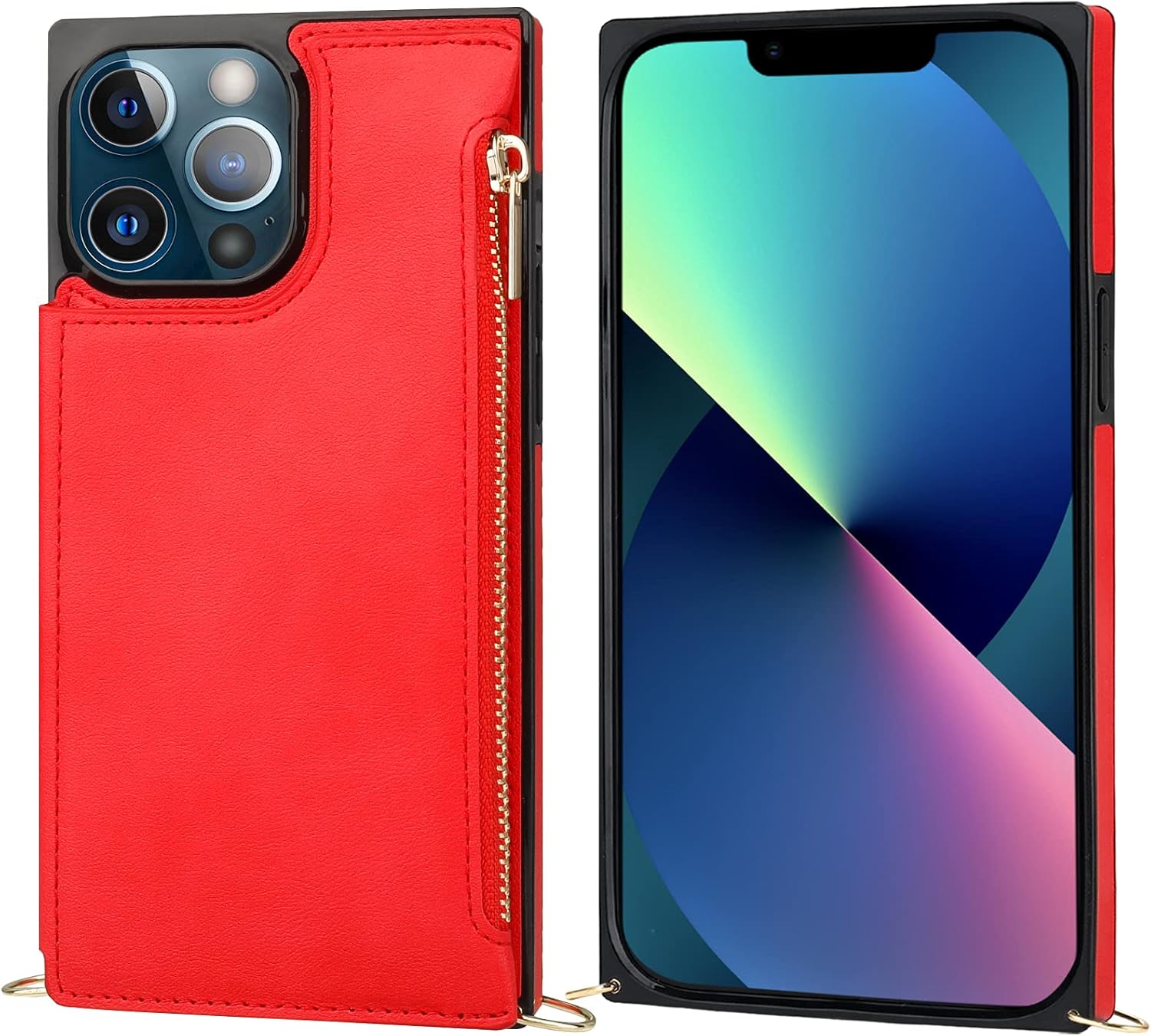 Bocasal Crossbody Wallet Case for iPhone 13 Pro with RFID Blocking Card Slot Holder, Magnetic Flip Folio Purse Case, PU Leather Zipper Handbag with Detachable Lanyard Strap 6.1 Inch 5G (Red)