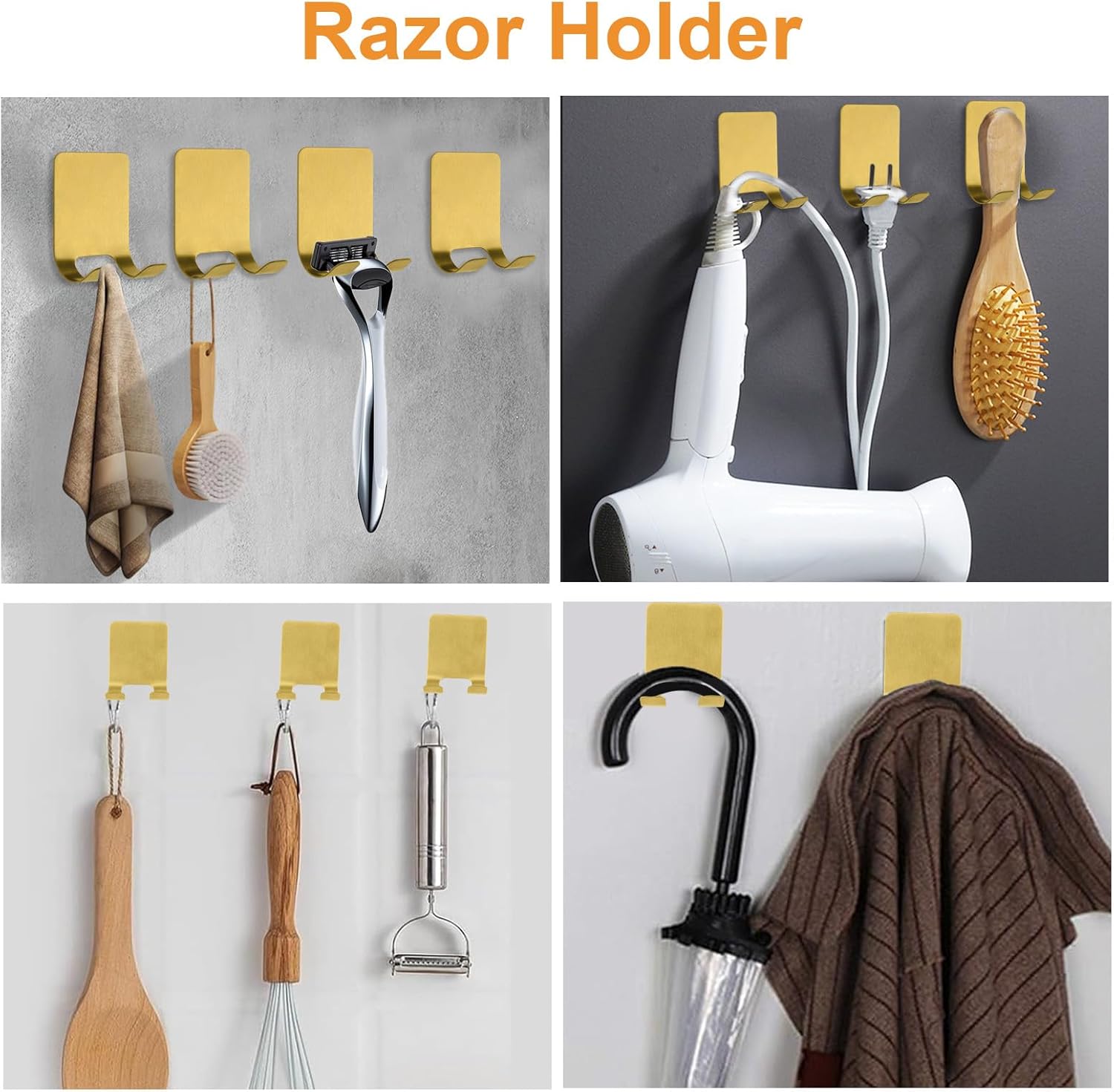 MOROBOR 4 Pack Adhesive Razor Holder and 4 Pack Utility Wall Hook, Gold Shaver Holders Towel Hook Stainless Steel Waterproof Storage Hanger for Towels Bath Accessories for Kitchen & Bathroom