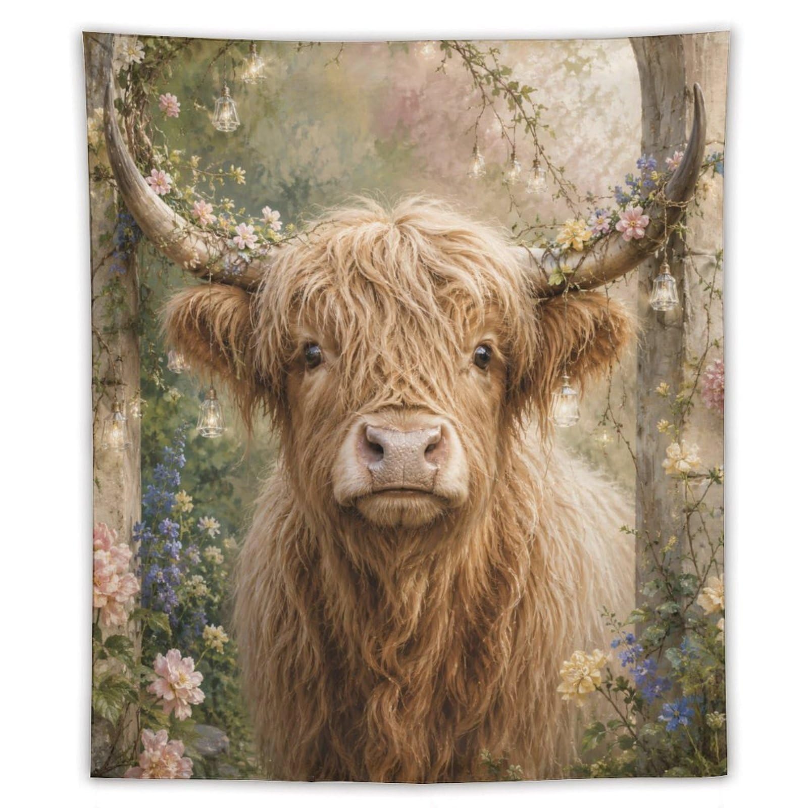 W7C8U2X3 Highland Cow Garden Portrait Wall Tapestry, Realistic Illustration