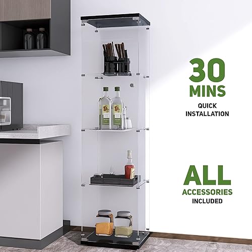 Miniatura 4 de Beauty4U Glass Display Cabinet with 4 Shelves, Curio Cabinets for Living Room, Bedroom, Office, Black Floor Standing Glass Bookshelf, Quick