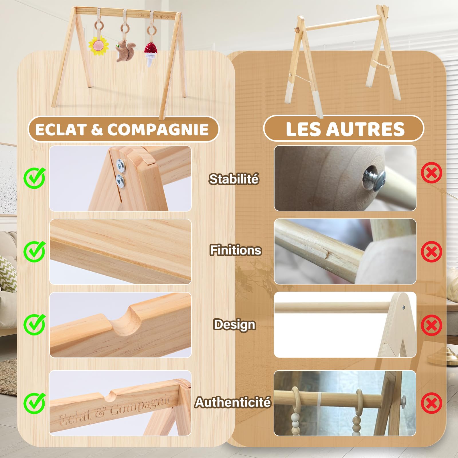 Eclat & Compagnie - Arche Éveil Bébé en Bois - Portique Montessori avec Logo Gravé - Structure Stable avec Vernis Naturel - Arche Bebe Cadeau Naissance et Anniversaire - 5