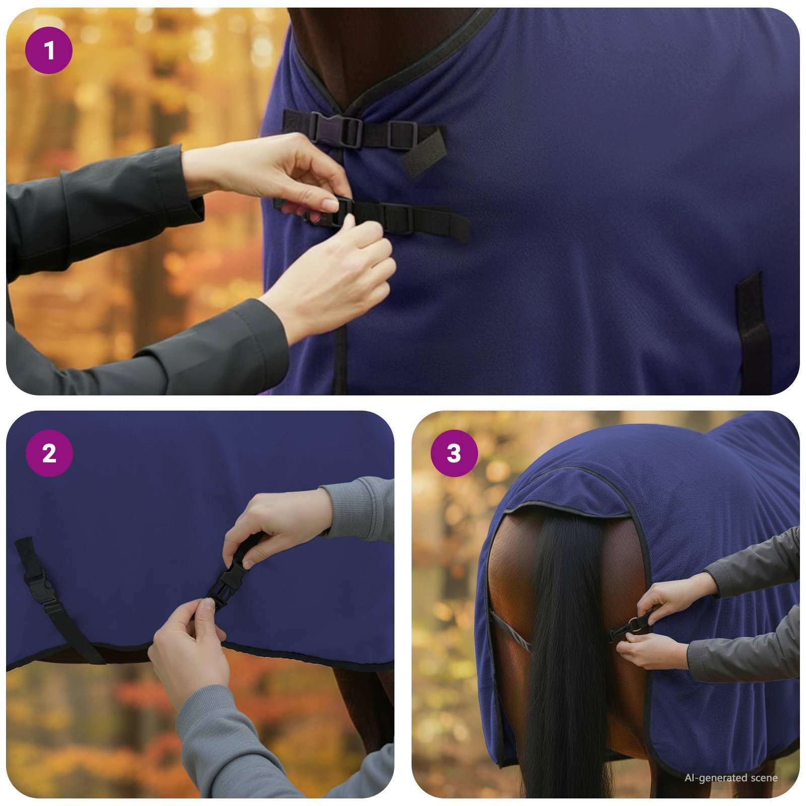 Manta para caballo azul marino de poliéster de 115 cm con cierre ajustable en el pecho y cinturón abdominal, manta de invierno transpirable para establo y pasto, impermeable y ligera