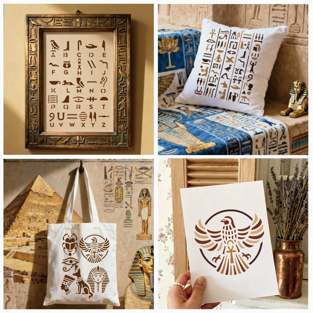 6 fogli stencil geroglifici per pittura, 2 misure antico egiziano riutilizzabile modelli da disegno icone egiziane per dipingere su parete legno decorazione per la casa, 20 x 15 cm/29,7 x 21