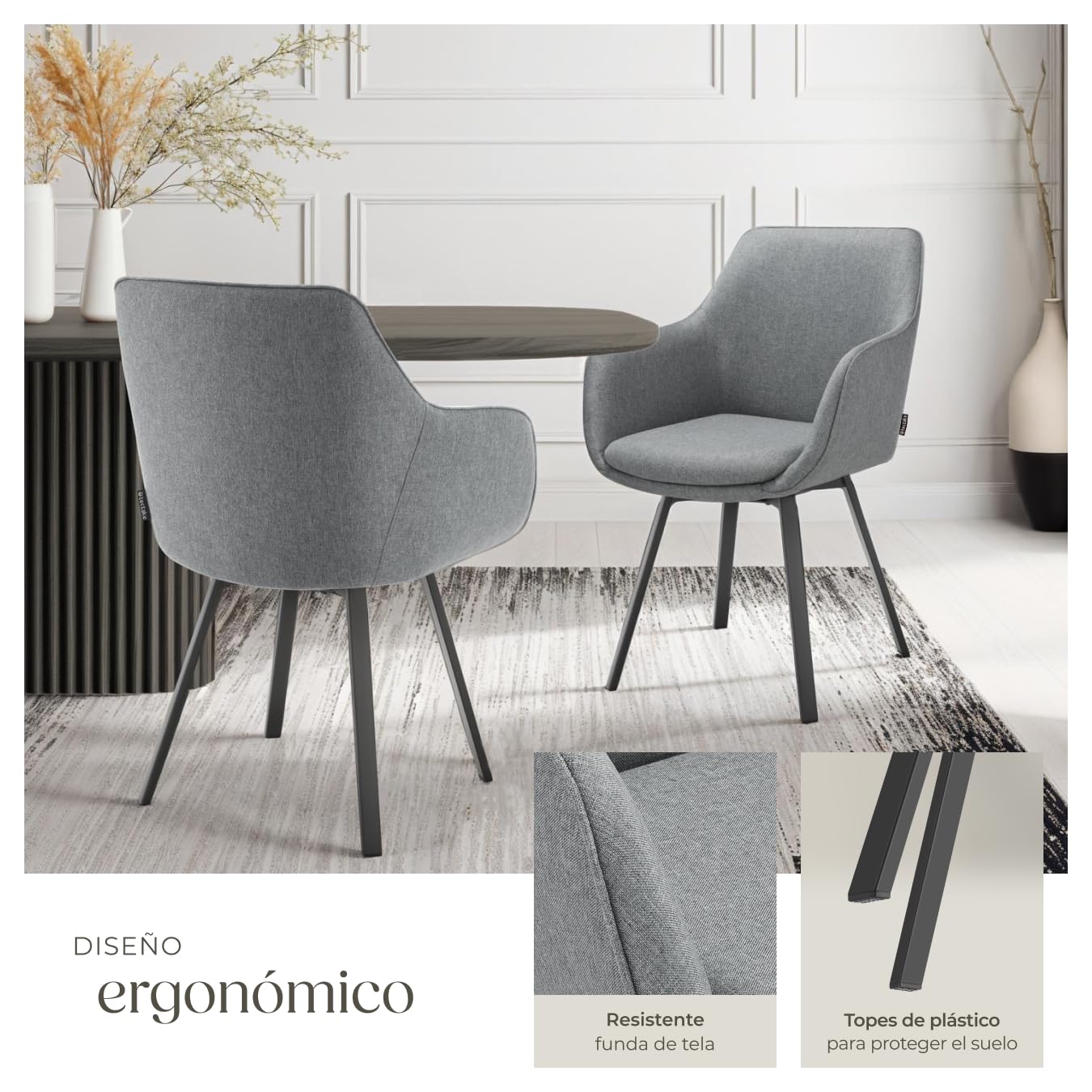 tectake® Silla Giratoria con Reposabrazos, Tapizada y con Acolchado de Alta Densidad, Patas de Acero 360°, Antideslizante, Montaje Rápido, Ideal para Comedor, Cocina y Dormitorio - 4 Sillas Antracita