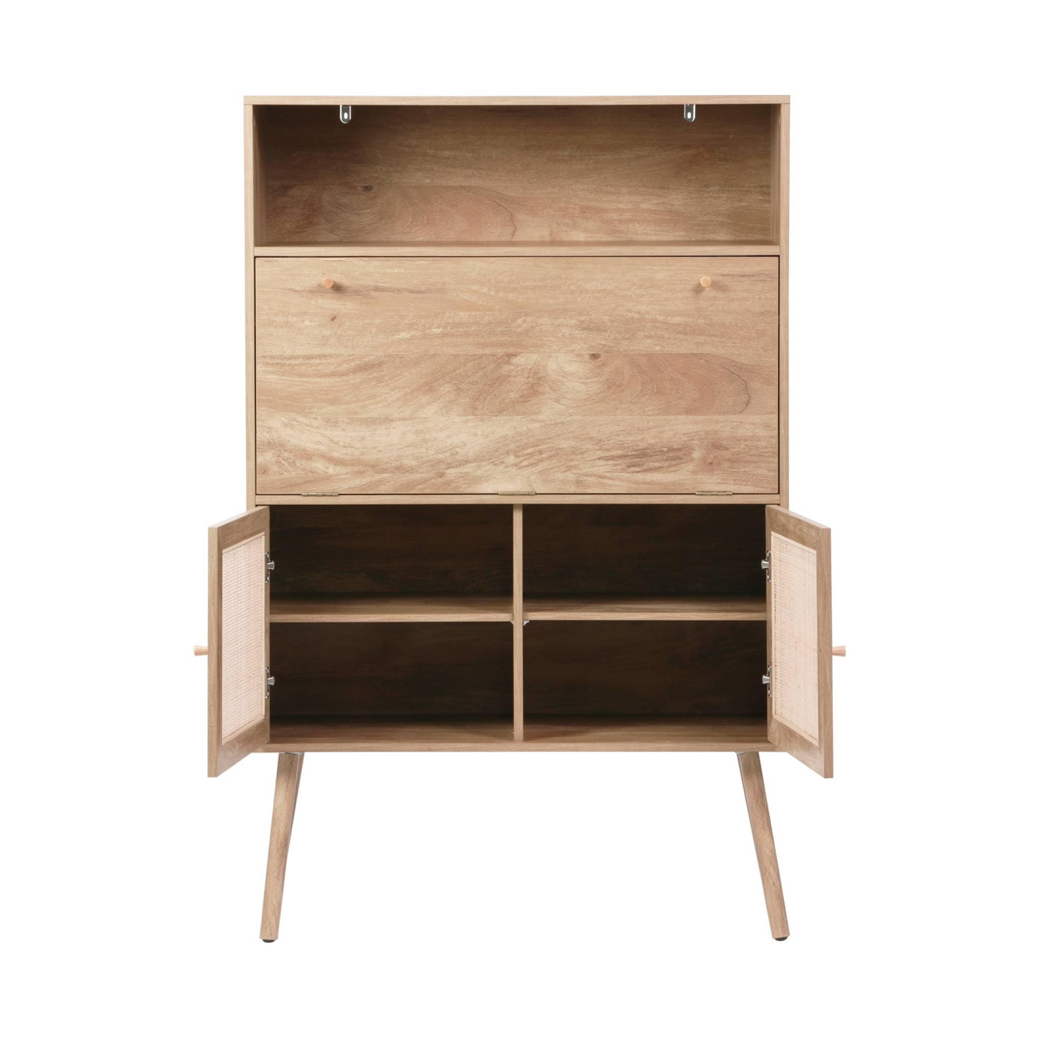 sweeek - Schreibschrank/Sekretär, 2 Türen aus Rohrgeflecht, Regale, Holzeffekt, Beine aus Tannenholz - Bohème